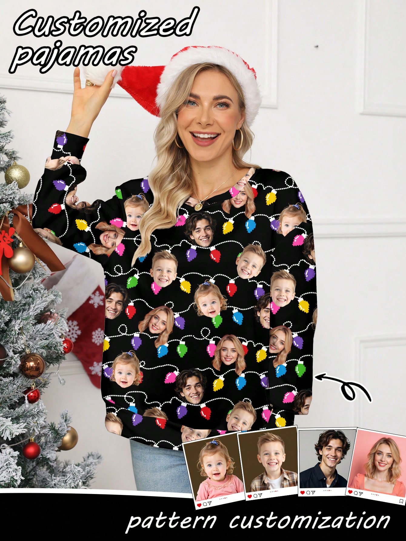 Personalized custom-made Christmas pajamas, custom-made family photo avatars, and festive hoodies with light print