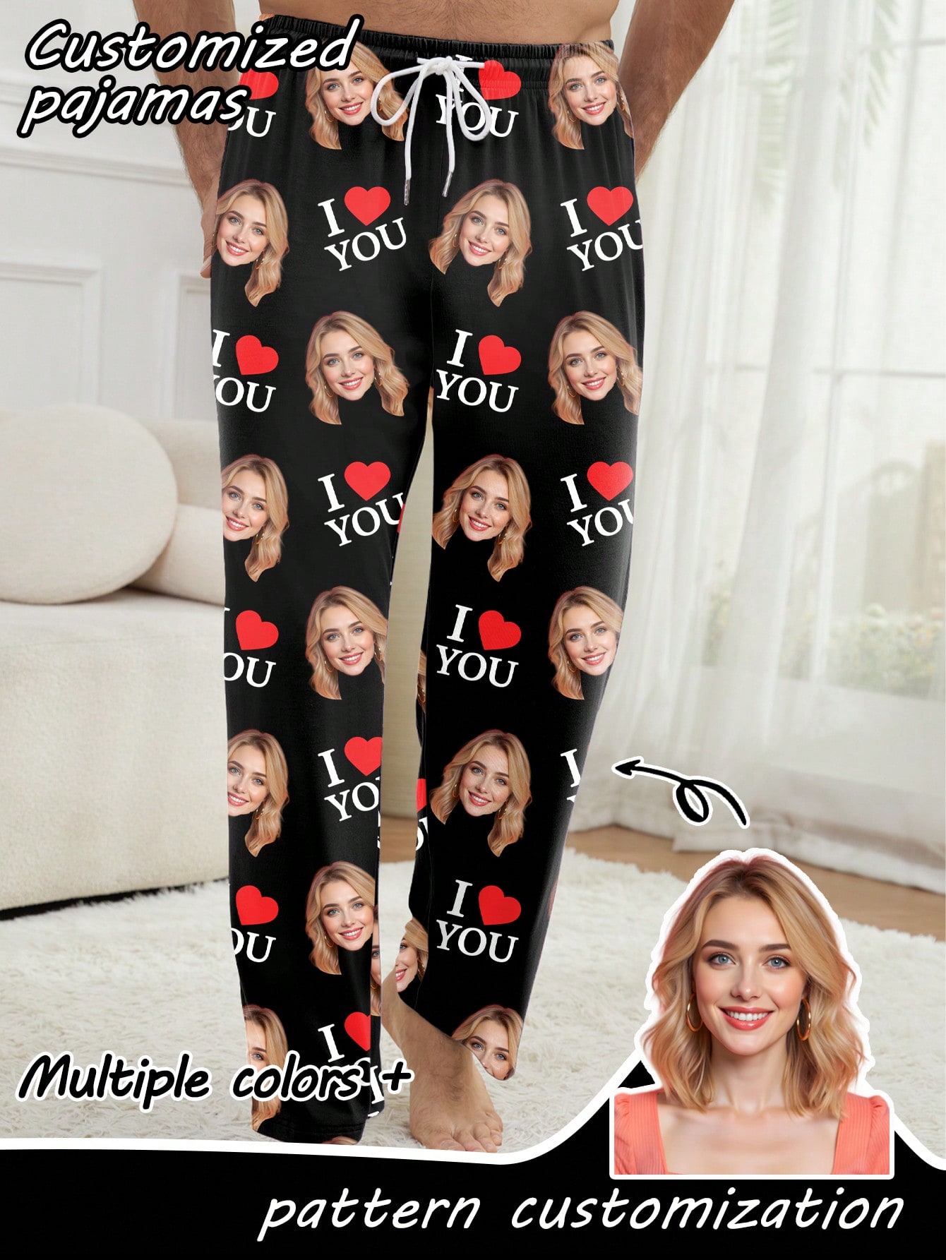 Customized men's pajama pants with portrait design, heart-print casual loungewear.