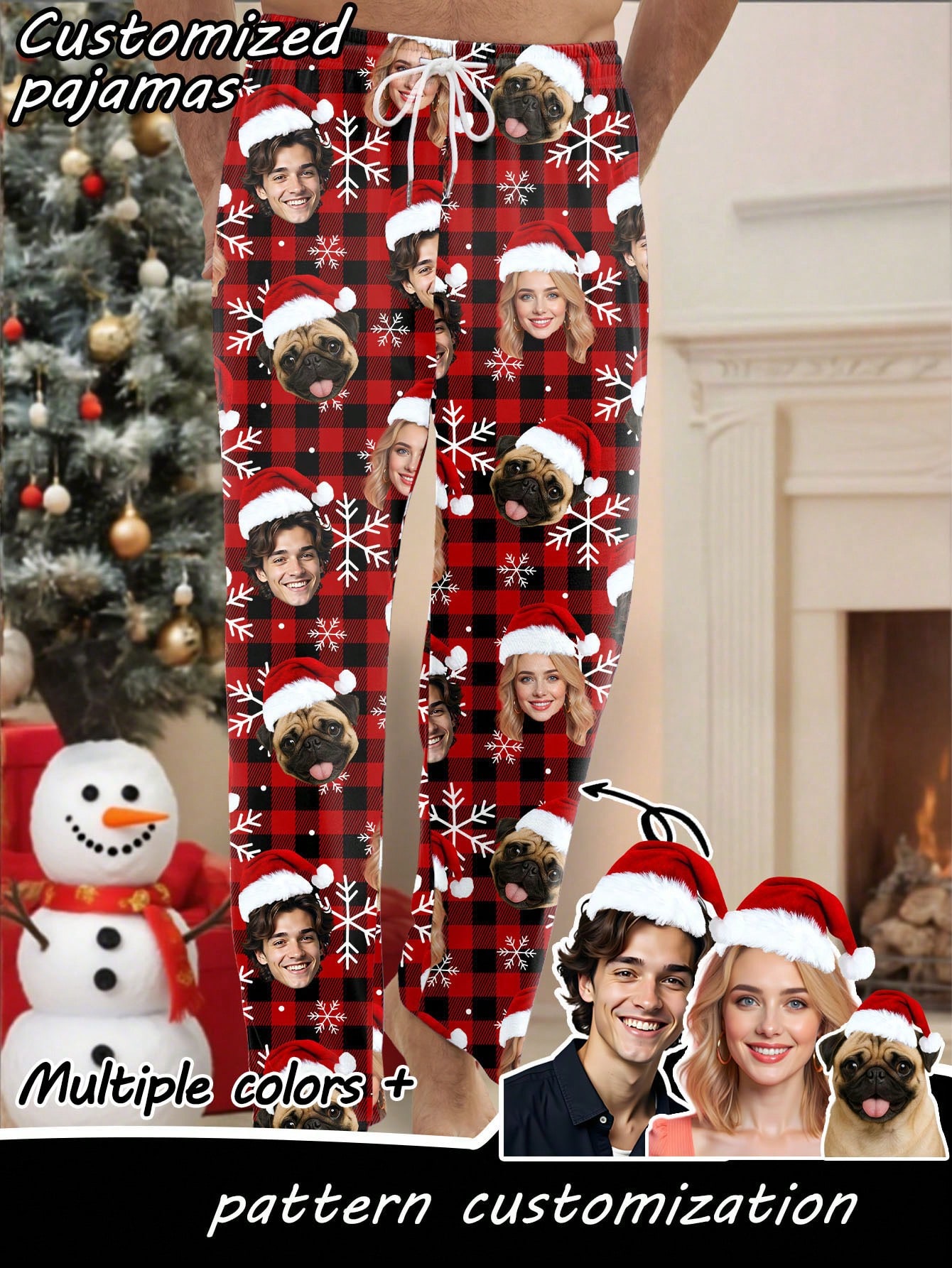 Men's personalized portrait pajama pants with Santa hat and snowflake print, a casual loungewear gift for family and friends for Christmas.