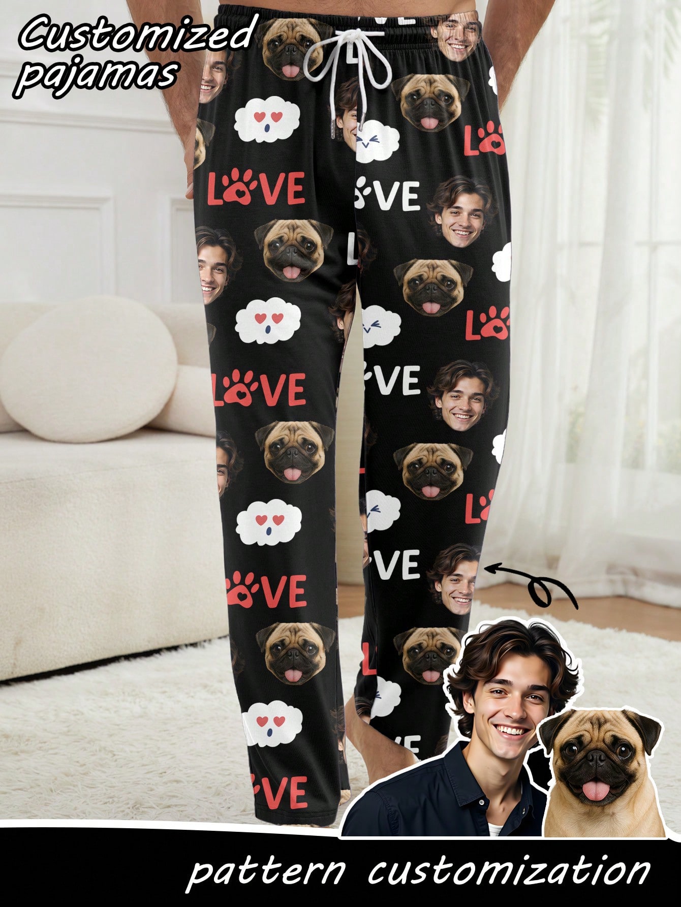 Personalized custom-made photo avatars for men, personalized full-print pajama pants, fun festival gifts for couples and families