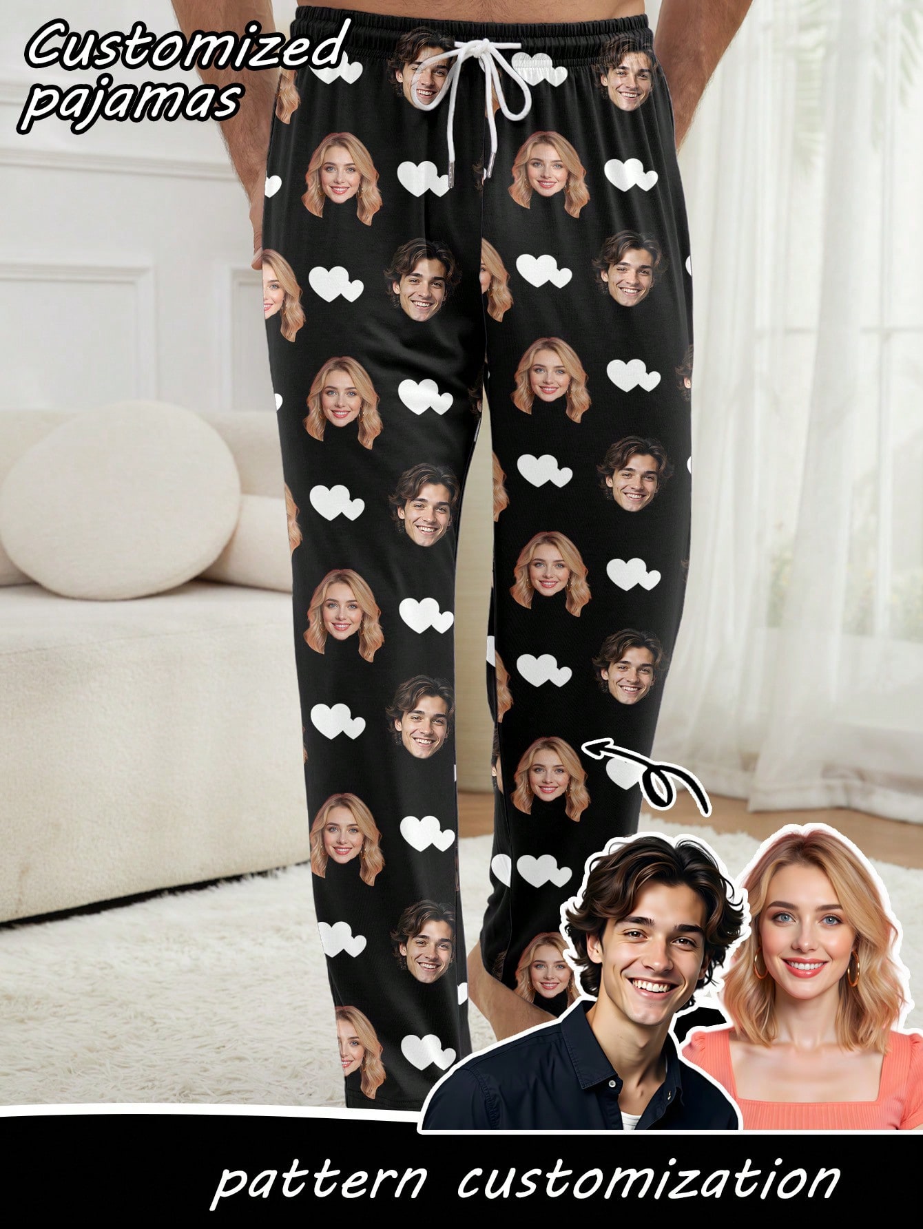 Personalized custom-made photo avatars for men, personalized full-print pajama pants, fun festival gifts for couples and families