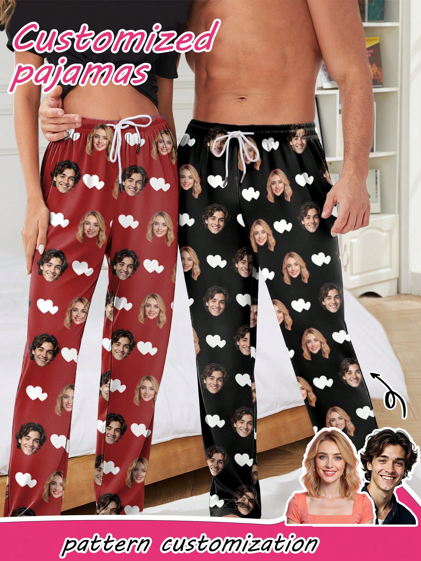 Personalized custom-made photo avatars for men, personalized full-print pajama pants, fun festival gifts for couples and families