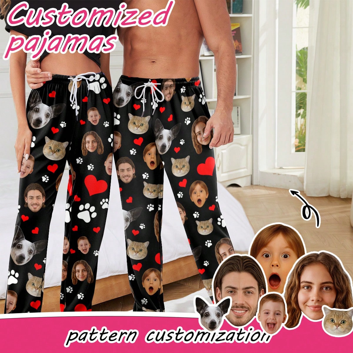 Women's personalized face and pet print trousers, comfortable loungewear for the holiday season, a perfect gift for friends.