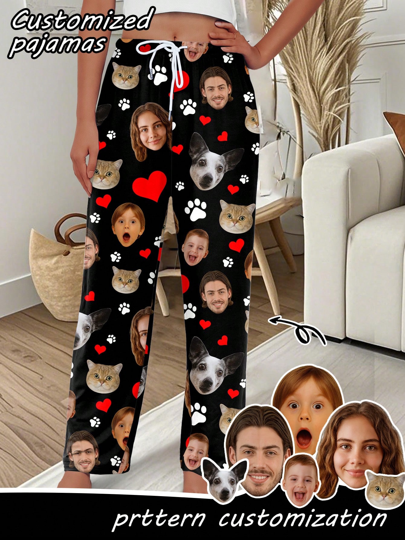 Women's personalized face and pet print trousers, comfortable loungewear for the holiday season, a perfect gift for friends.