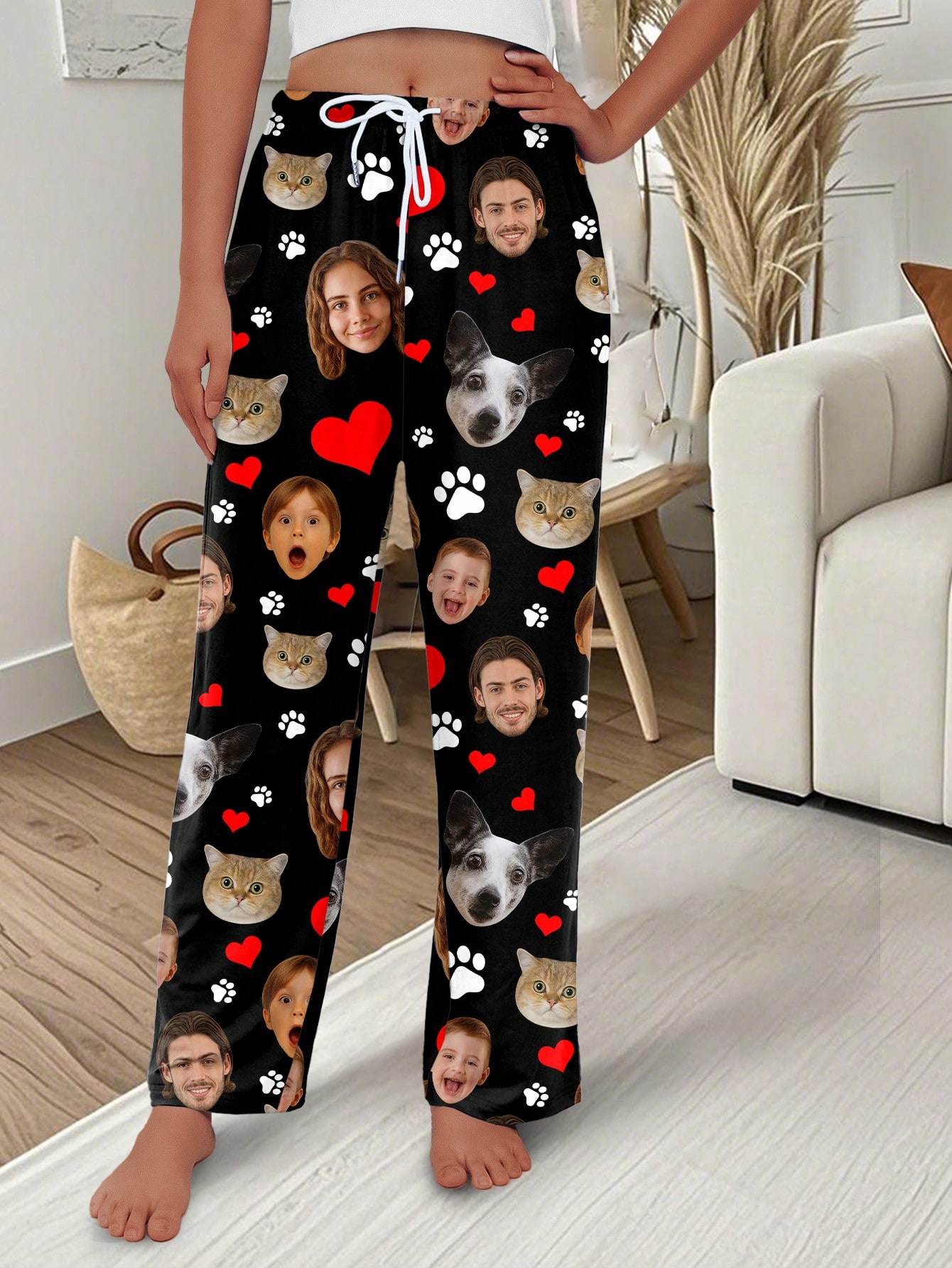 Women's personalized face and pet print trousers, comfortable loungewear for the holiday season, a perfect gift for friends.