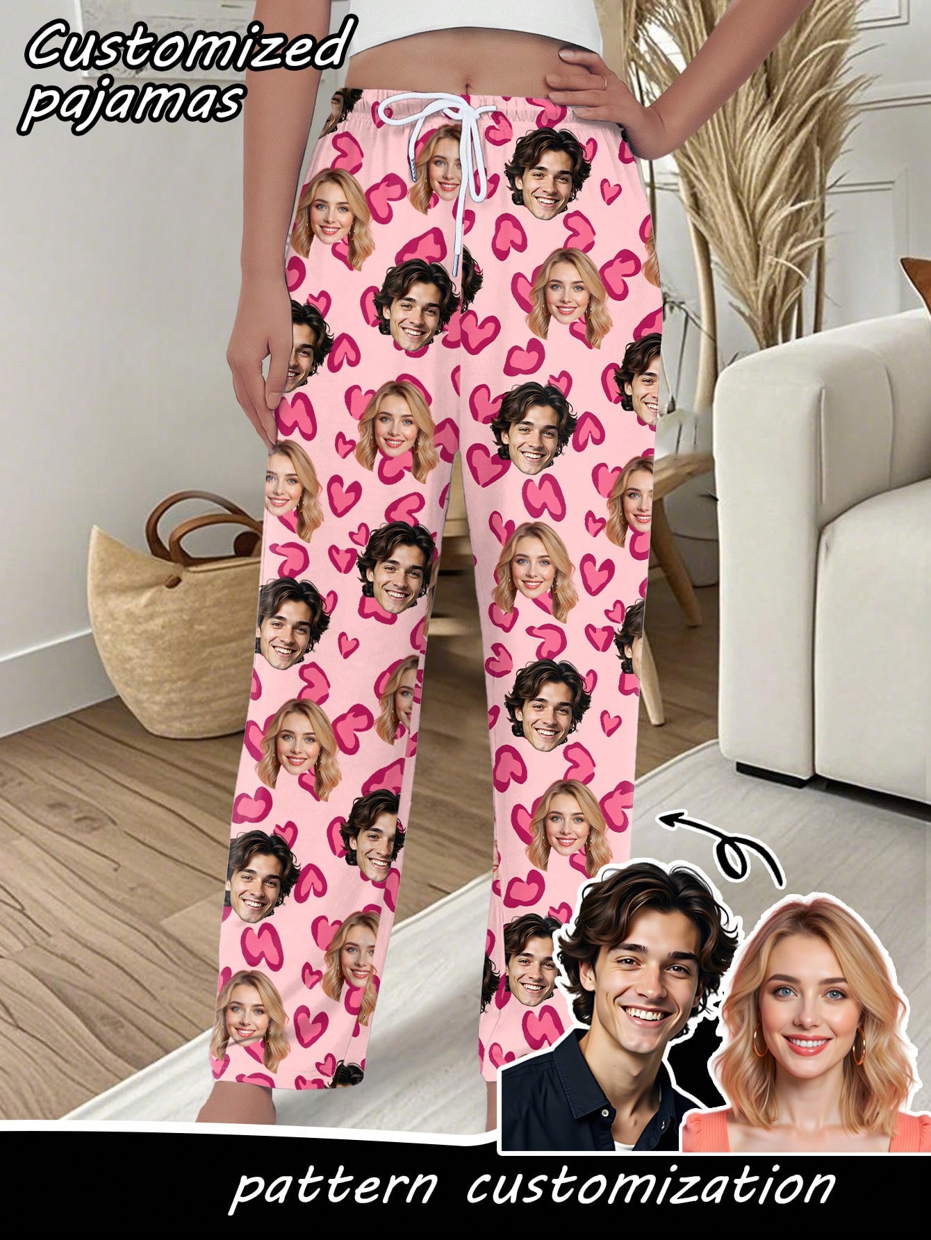 Women's personalized face and pet print trousers, comfortable loungewear for the holiday season, a perfect gift for friends.