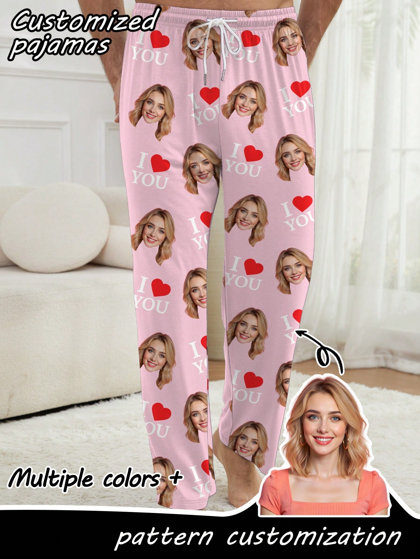 Customized men's pajama pants with portrait design, heart-print casual loungewear.