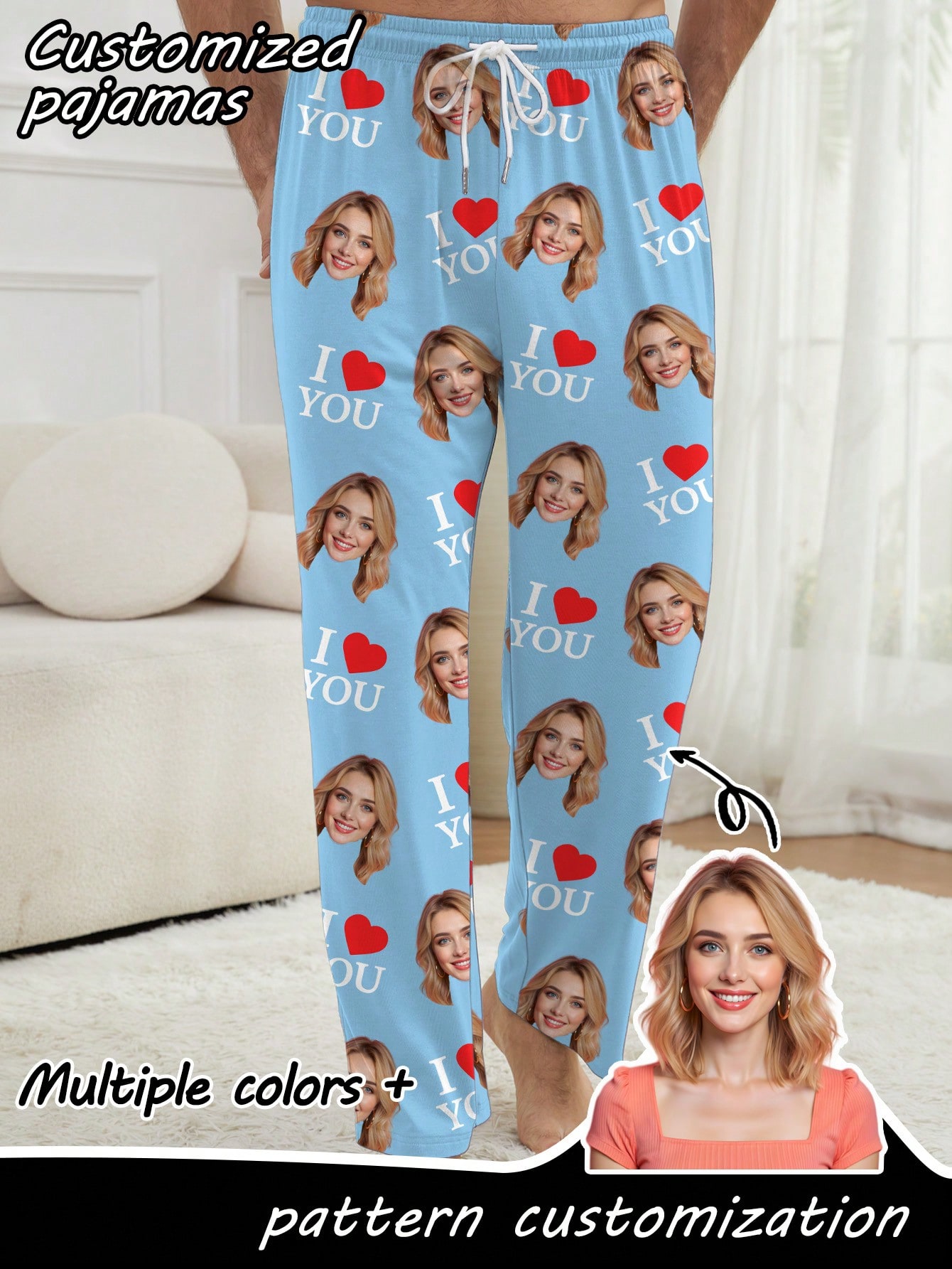 Customized men's pajama pants with portrait design, heart-print casual loungewear.