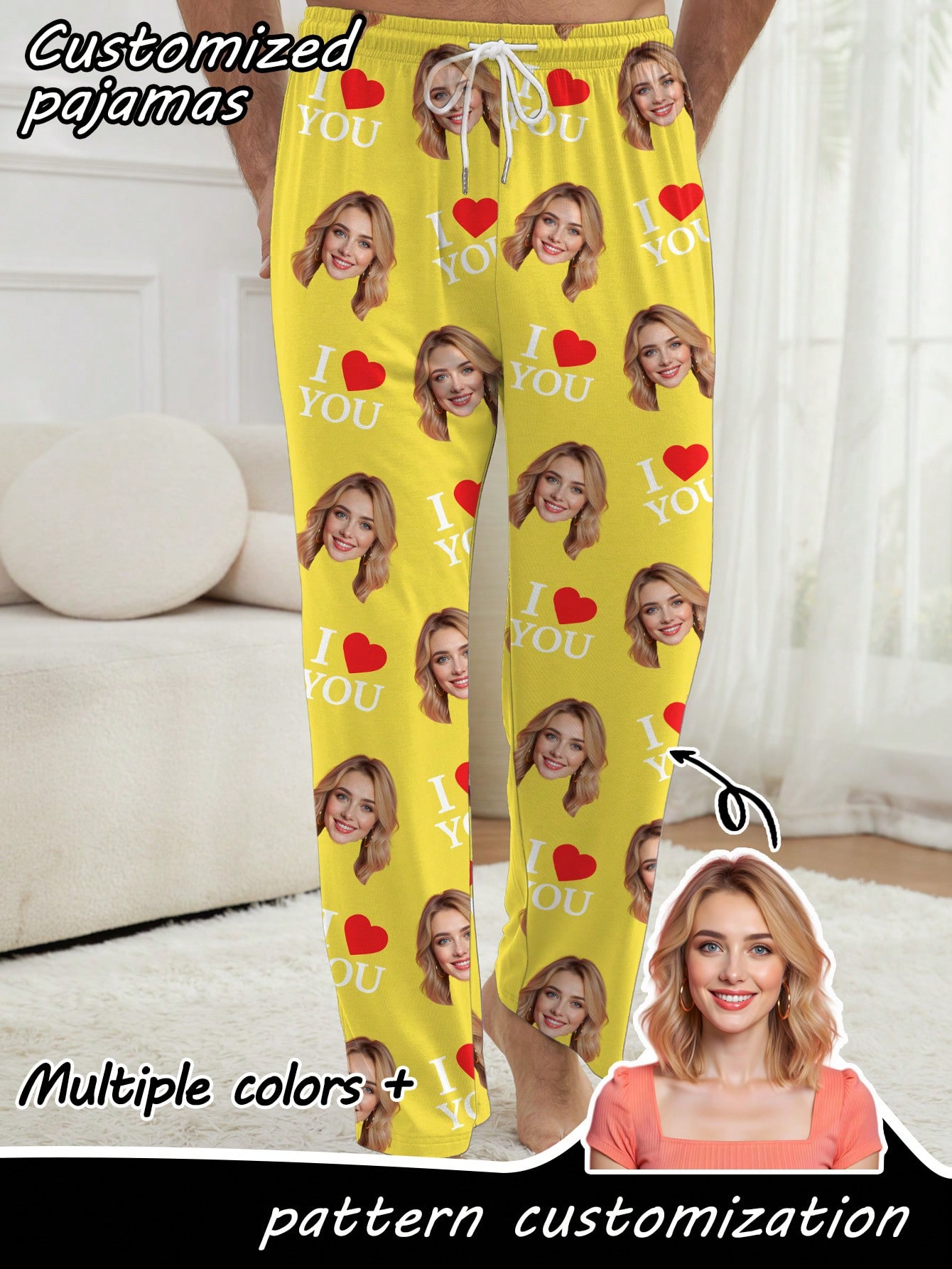 Customized men's pajama pants with portrait design, heart-print casual loungewear.