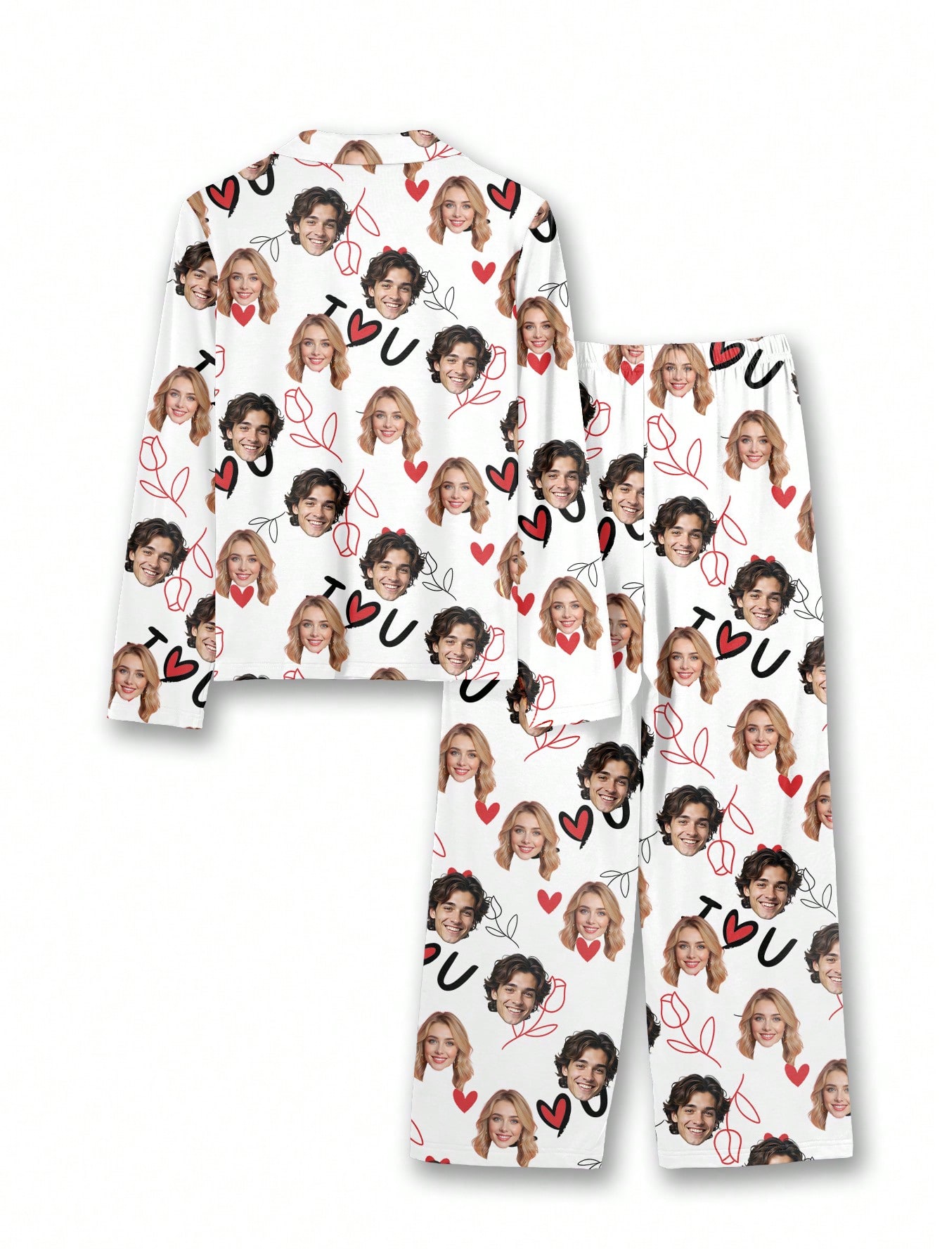 Personalized women's pajama set with fun face and pet prints, comfortable loungewear for the holiday season, a perfect gift for friends.