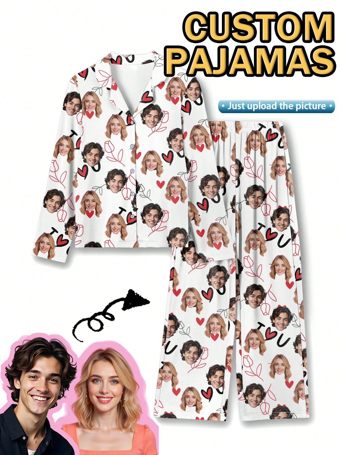 Personalized women's pajama set with fun face and pet prints, comfortable loungewear for the holiday season, a perfect gift for friends.