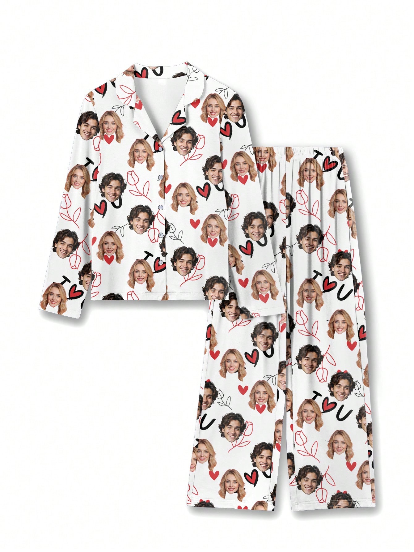 Personalized women's pajama set with fun face and pet prints, comfortable loungewear for the holiday season, a perfect gift for friends.