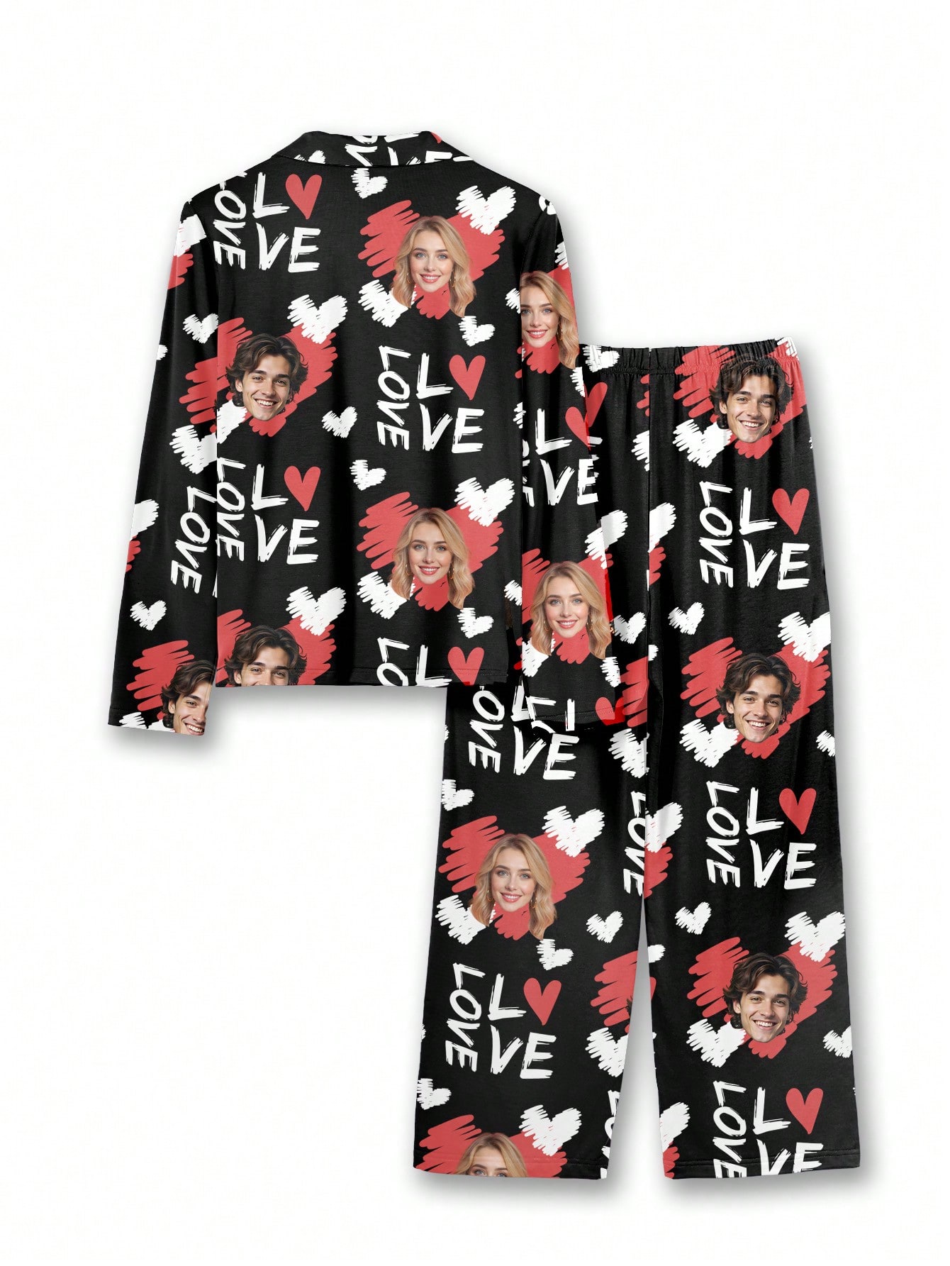 Personalized women's pajama set with fun face and pet prints, comfortable loungewear for the holiday season, a perfect gift for friends.
