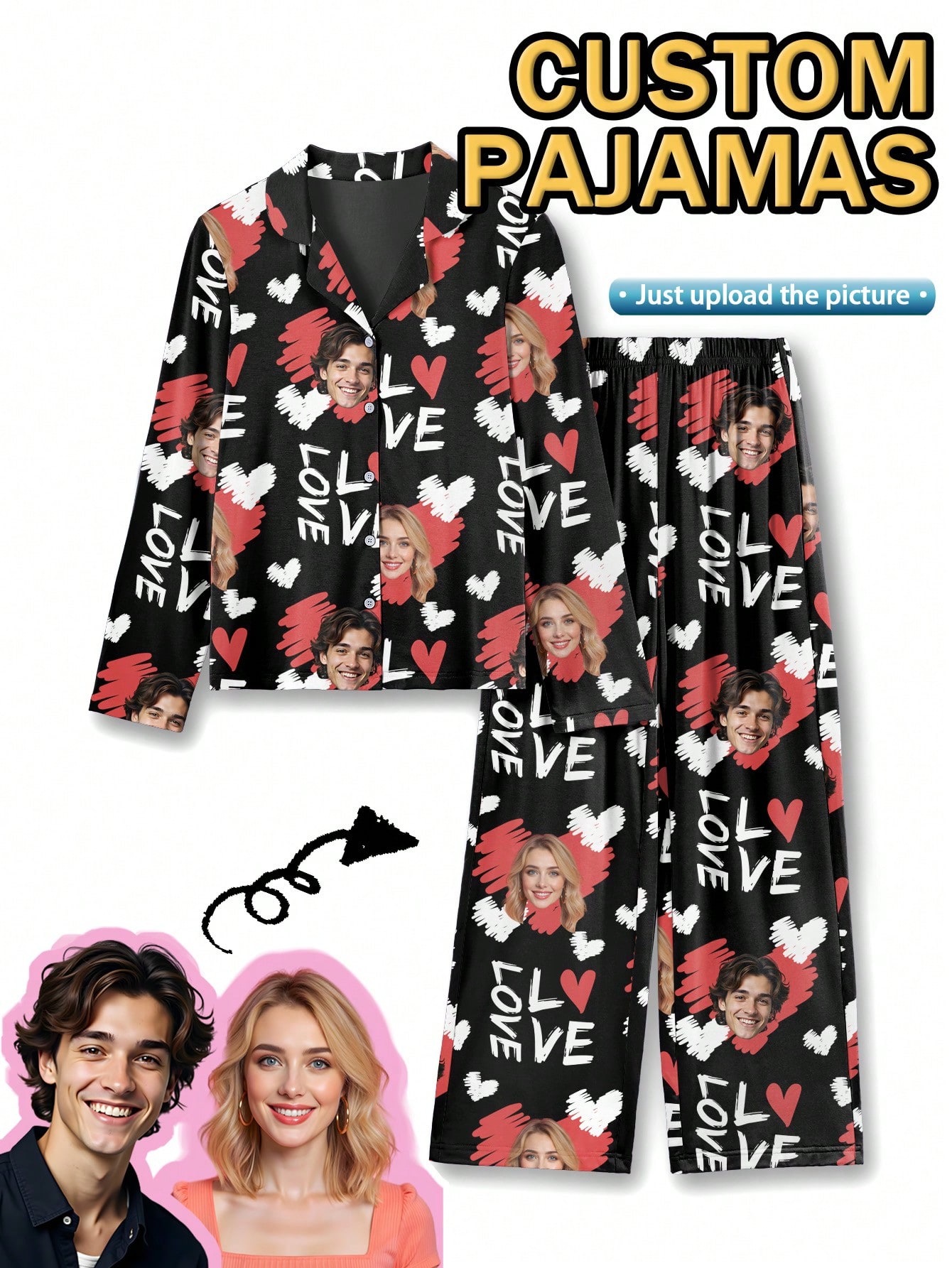 Personalized women's pajama set with fun face and pet prints, comfortable loungewear for the holiday season, a perfect gift for friends.