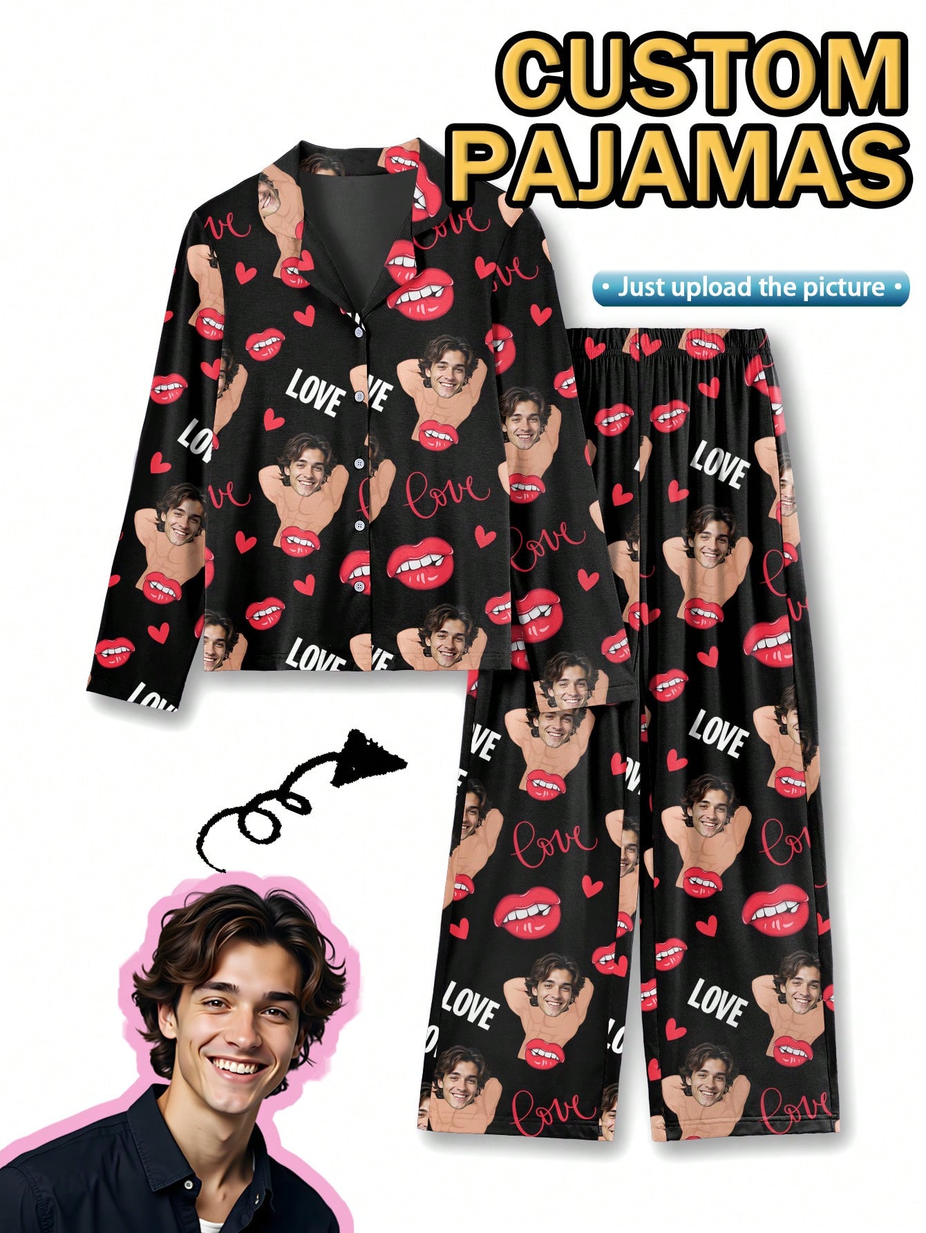 Personalized women's pajama set with fun face and pet prints, comfortable loungewear for the holiday season, a perfect gift for friends.