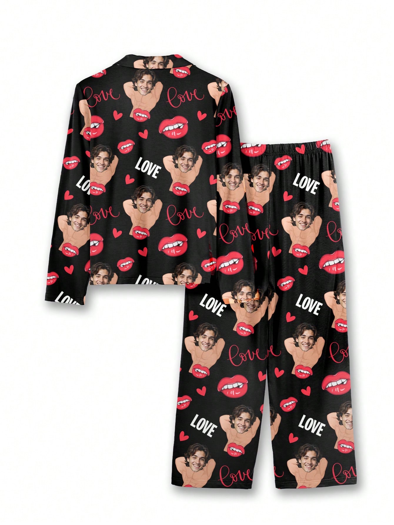 Personalized women's pajama set with fun face and pet prints, comfortable loungewear for the holiday season, a perfect gift for friends.