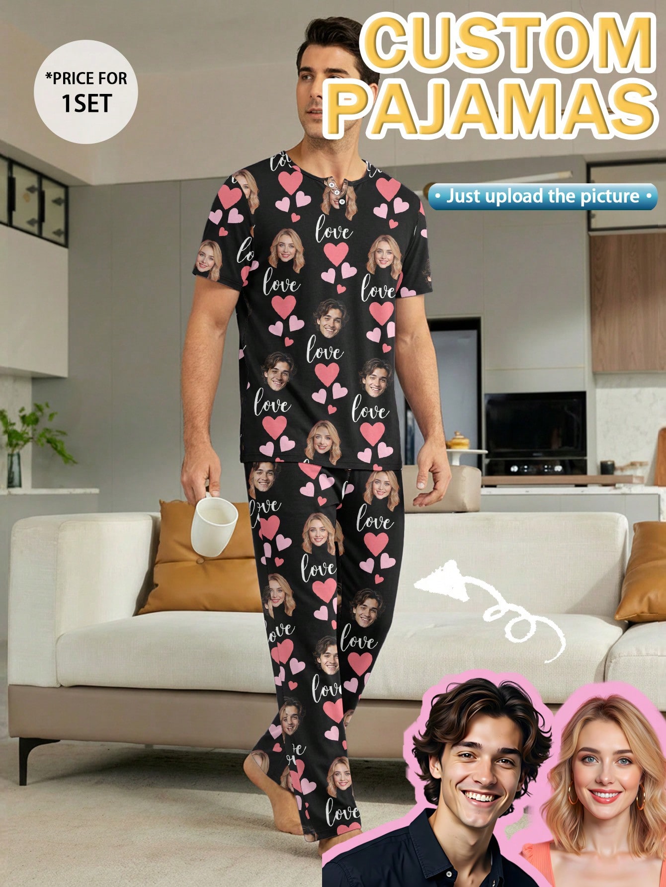 Men's personalized custom pajama set, customizable with a face picture on a short-sleeve T-shirt and long pants set, featuring pink heart patterns, comfortable and casual loungewear, a great gift choice