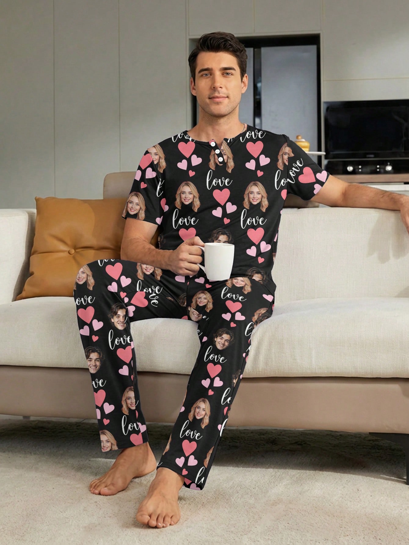 Personalized men's pajama set, featuring a short-sleeved T-shirt and trousers with a customizable face image, adorned with a pink heart pattern; comfortable and casual loungewear; a great gift option.