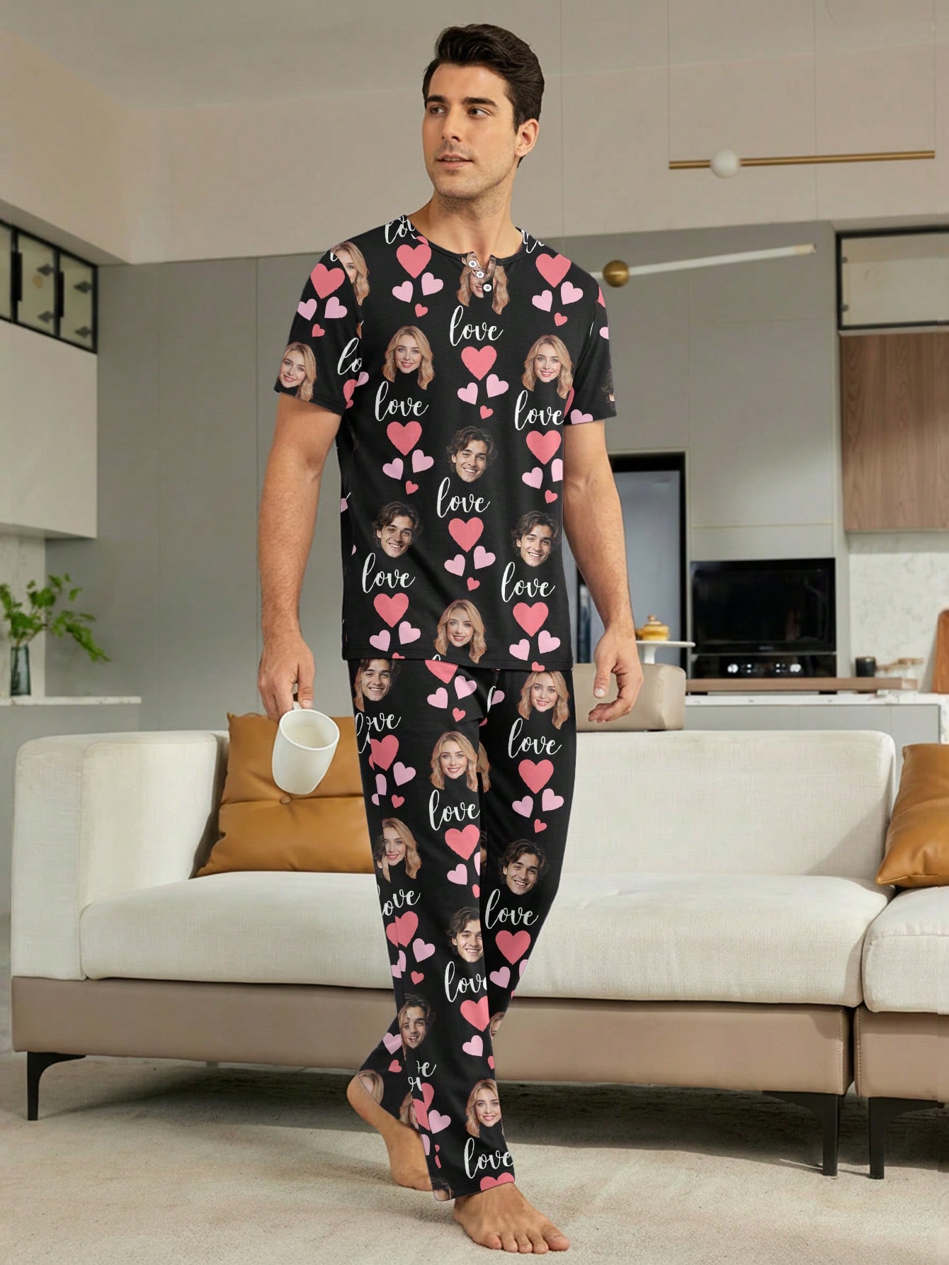 Men's personalized custom pajama set, customizable with a face picture on a short-sleeve T-shirt and long pants set, featuring pink heart patterns, comfortable and casual loungewear, a great gift choice
