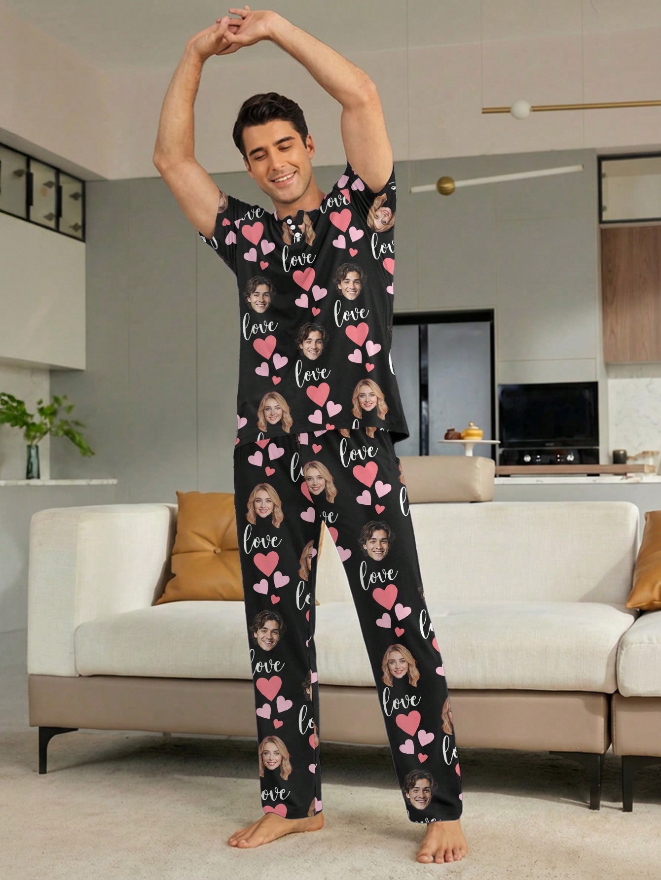 Men's personalized custom pajama set, customizable with a face picture on a short-sleeve T-shirt and long pants set, featuring pink heart patterns, comfortable and casual loungewear, a great gift choice