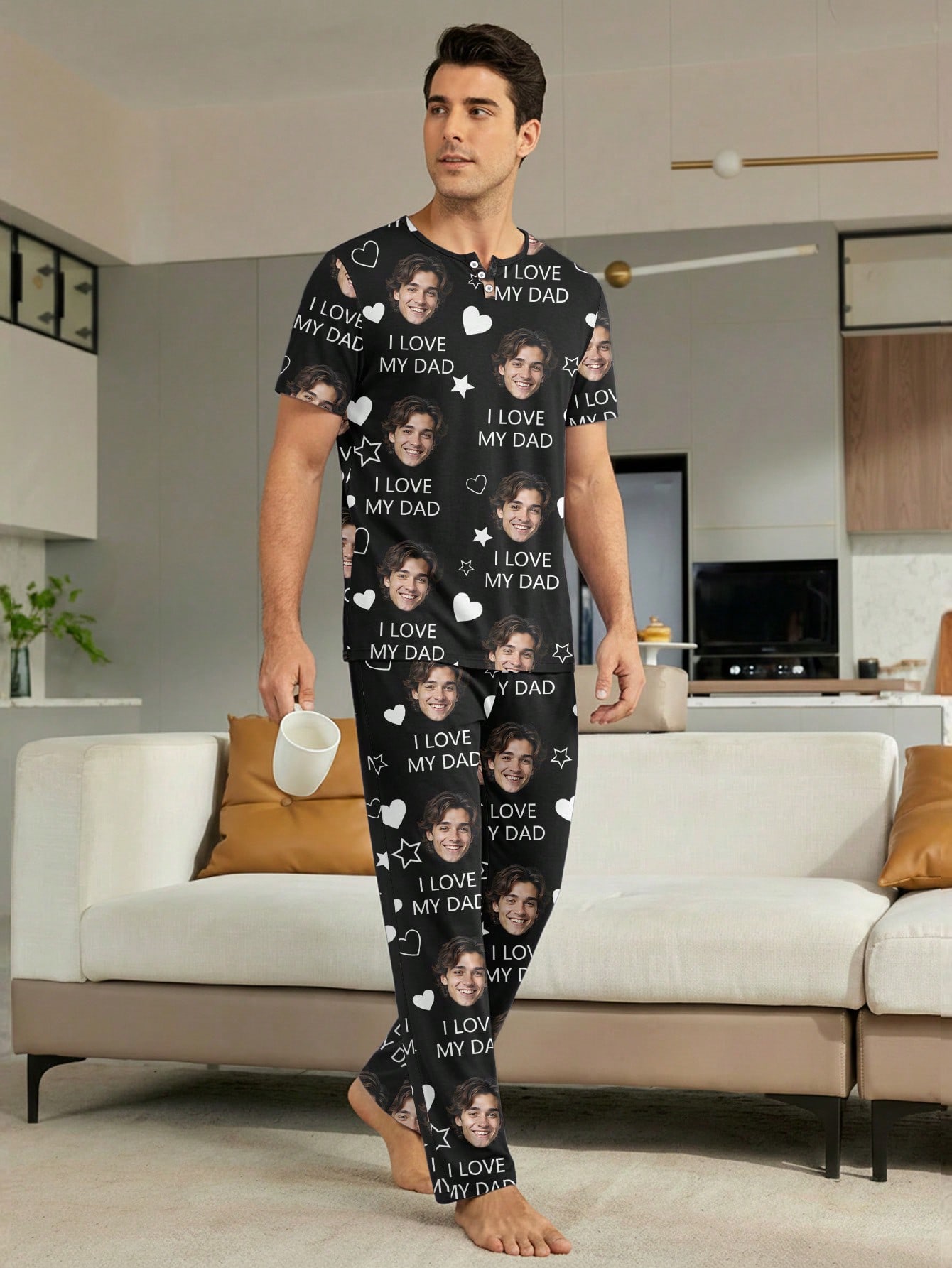 Men's personalized custom pajama set, featuring short-sleeve T-shirt and long pants that can be customized with a face, with heart and letter print patterns, comfortable and casual loungewear, a gift option