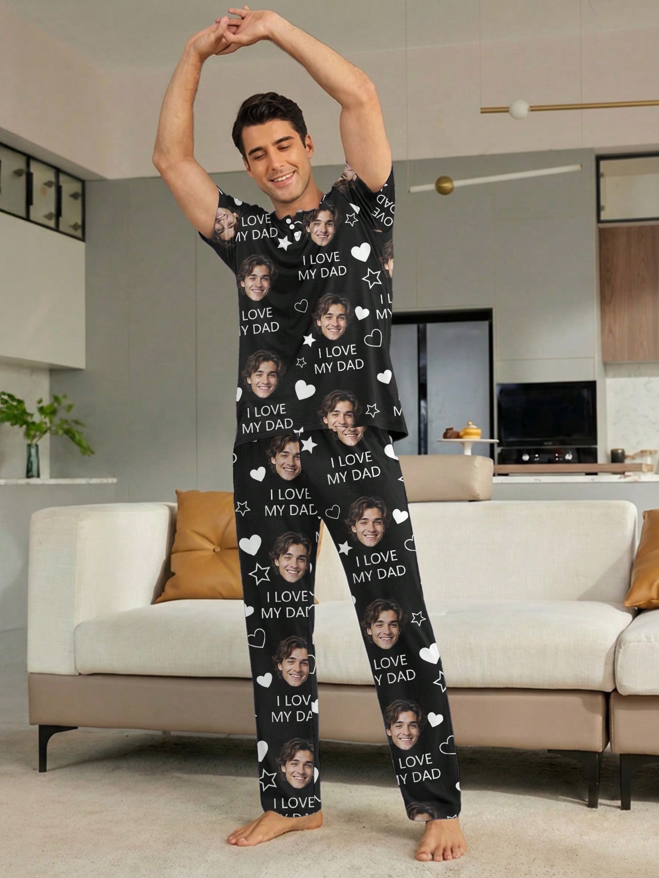 Men's personalized custom pajama set, featuring short-sleeve T-shirt and long pants that can be customized with a face, with heart and letter print patterns, comfortable and casual loungewear, a gift option