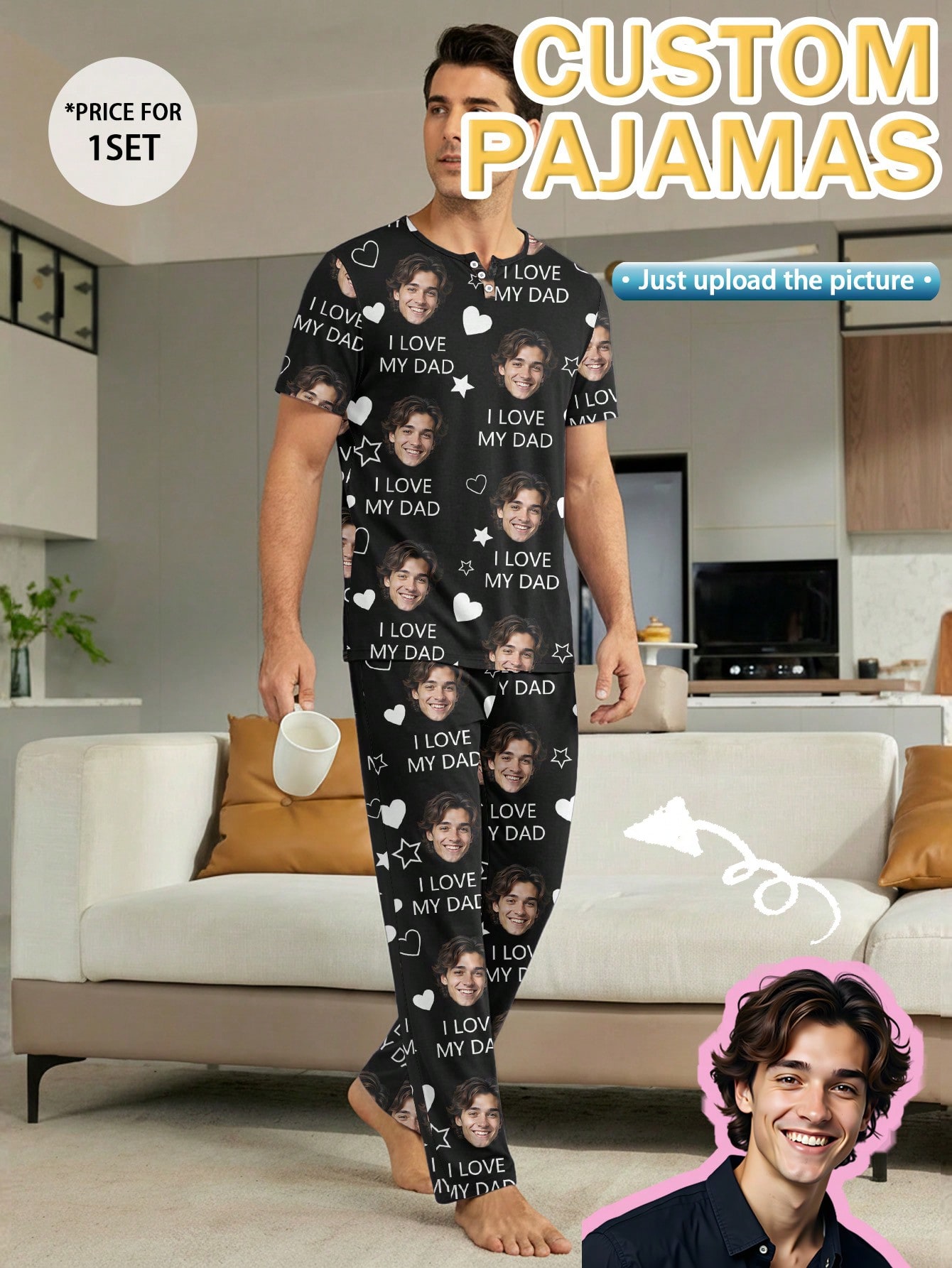 Men's personalized custom pajama set, featuring short-sleeve T-shirt and long pants that can be customized with a face, with heart and letter print patterns, comfortable and casual loungewear, a gift option