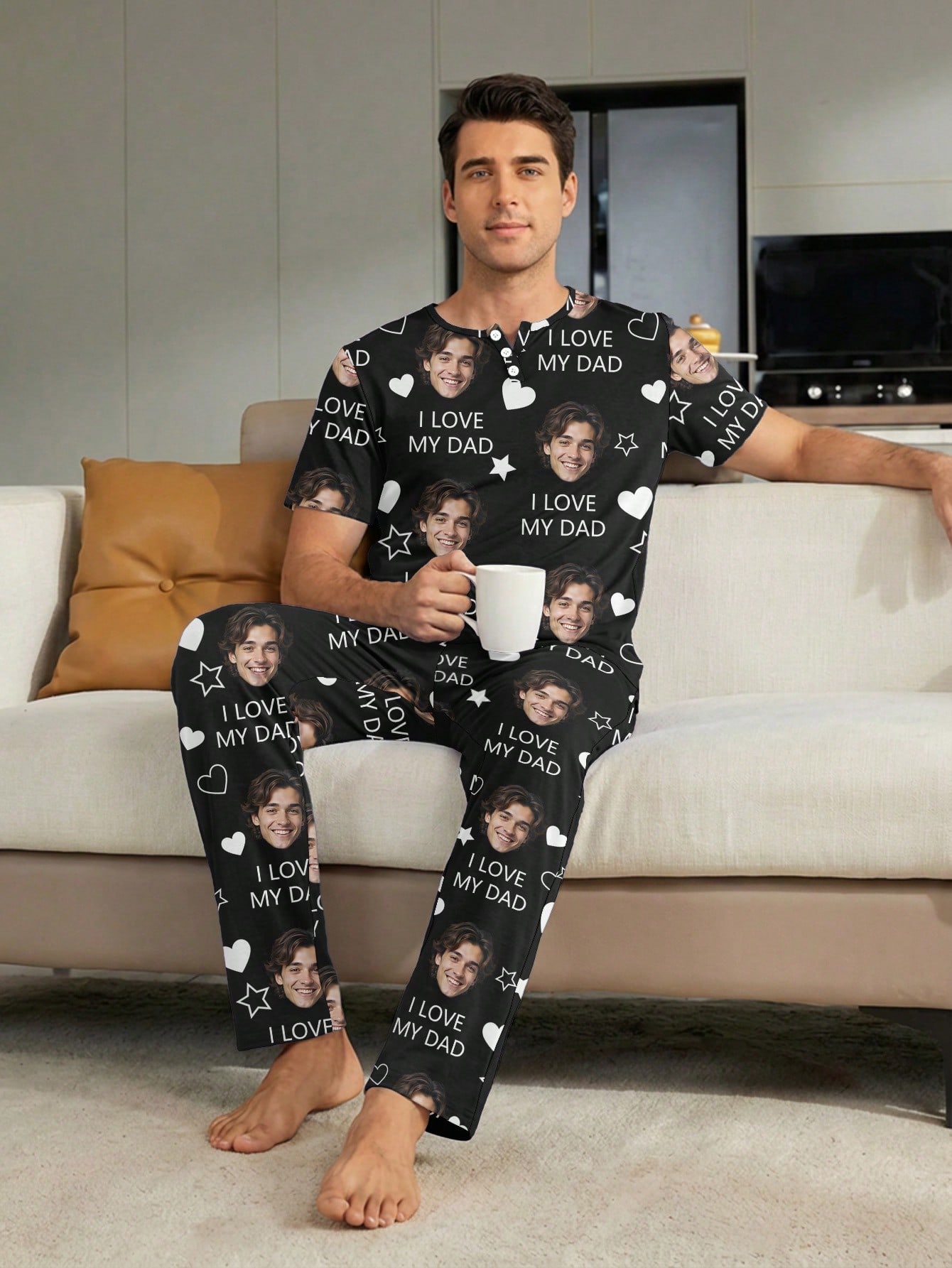 Men's personalized custom pajama set, featuring short-sleeve T-shirt and long pants that can be customized with a face, with heart and letter print patterns, comfortable and casual loungewear, a gift option