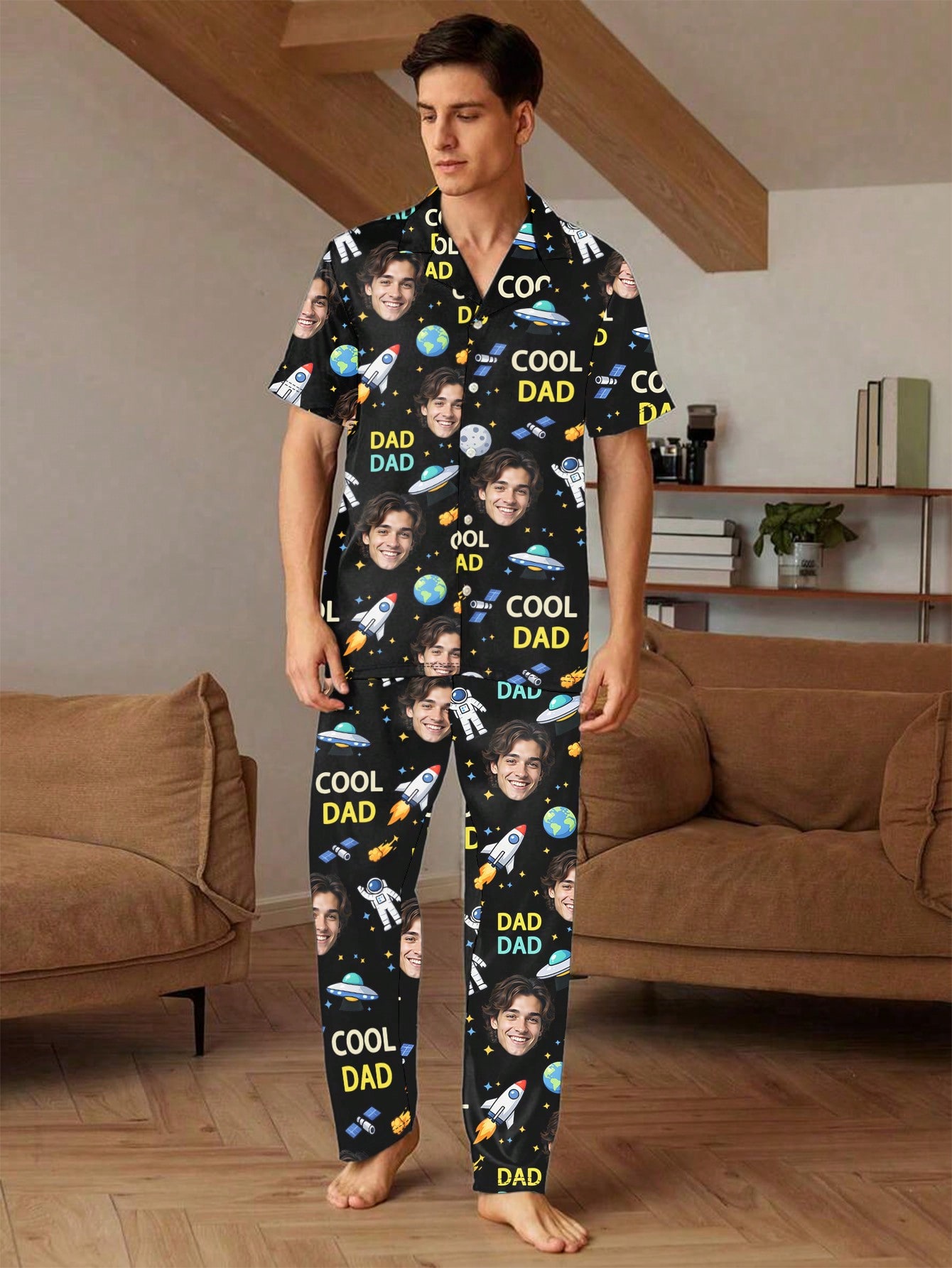 Men's personalized custom pajama sets, short-sleeved T-shirts and long pants sets with customizable faces, featuring fun cosmic patterns, comfortable and casual home wear,  gift options