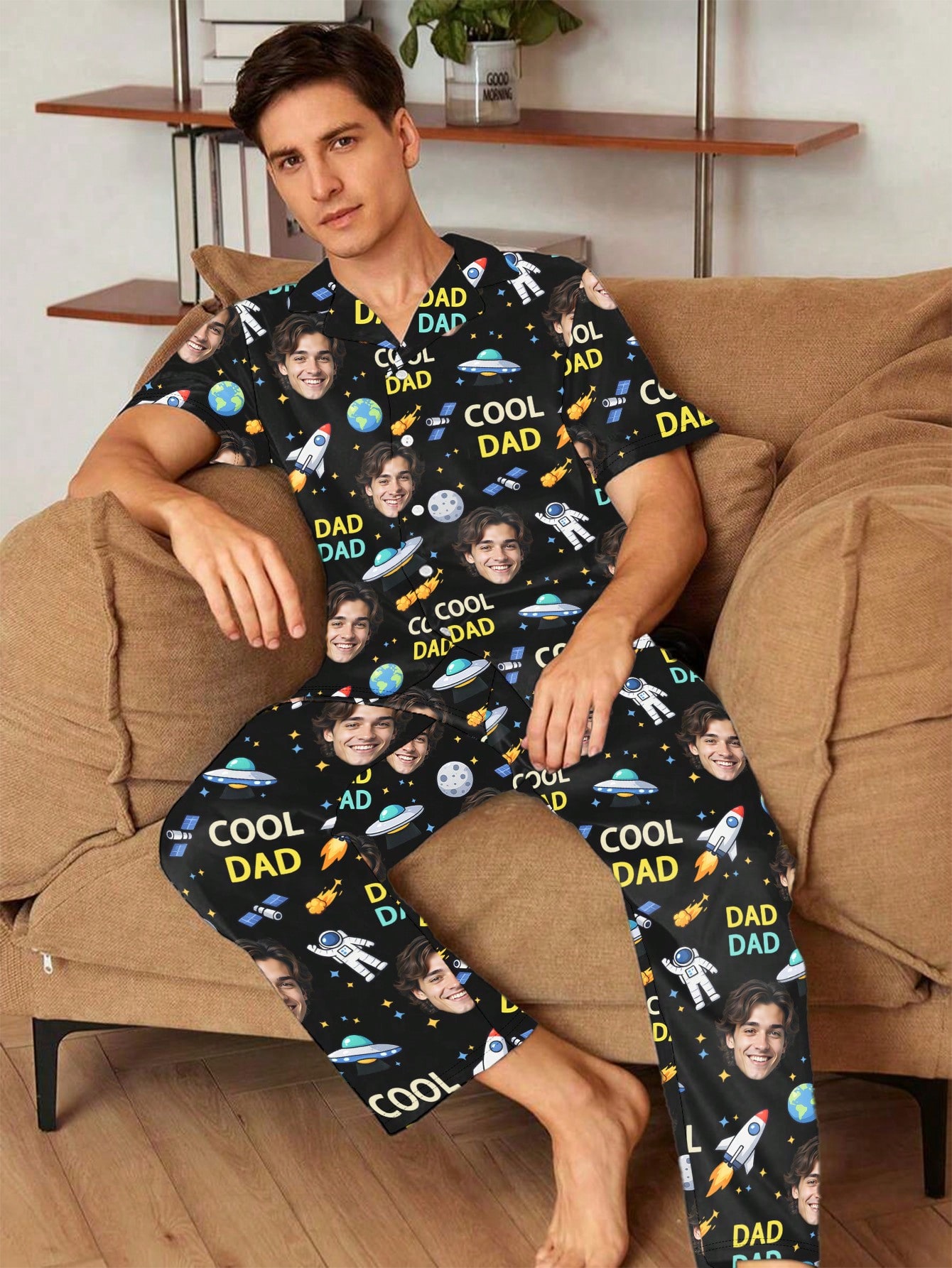 Men's personalized custom pajama sets, short-sleeved T-shirts and long pants sets with customizable faces, featuring fun cosmic patterns, comfortable and casual home wear,  gift options