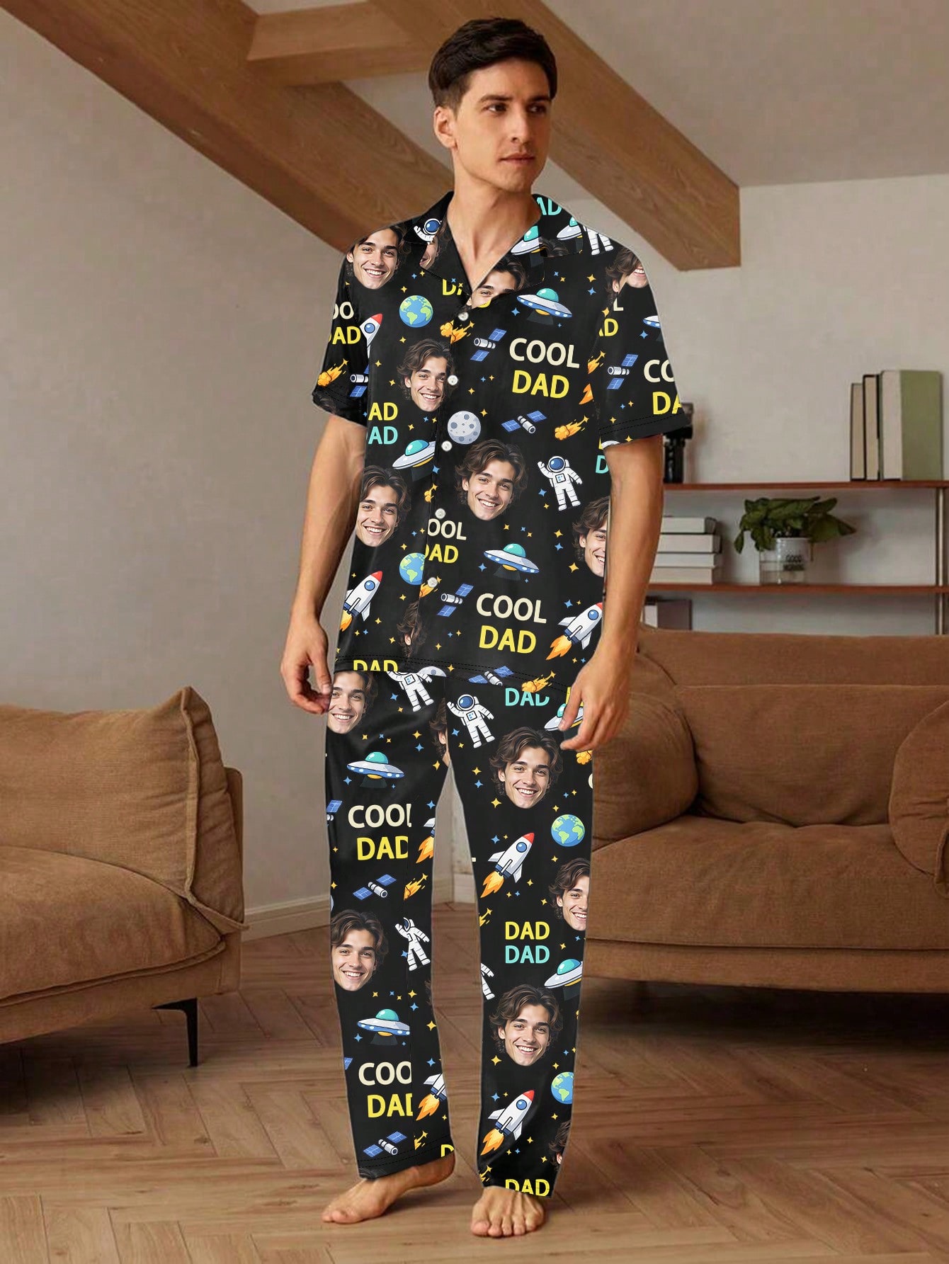 Men's personalized custom pajama sets, short-sleeved T-shirts and long pants sets with customizable faces, featuring fun cosmic patterns, comfortable and casual home wear,  gift options