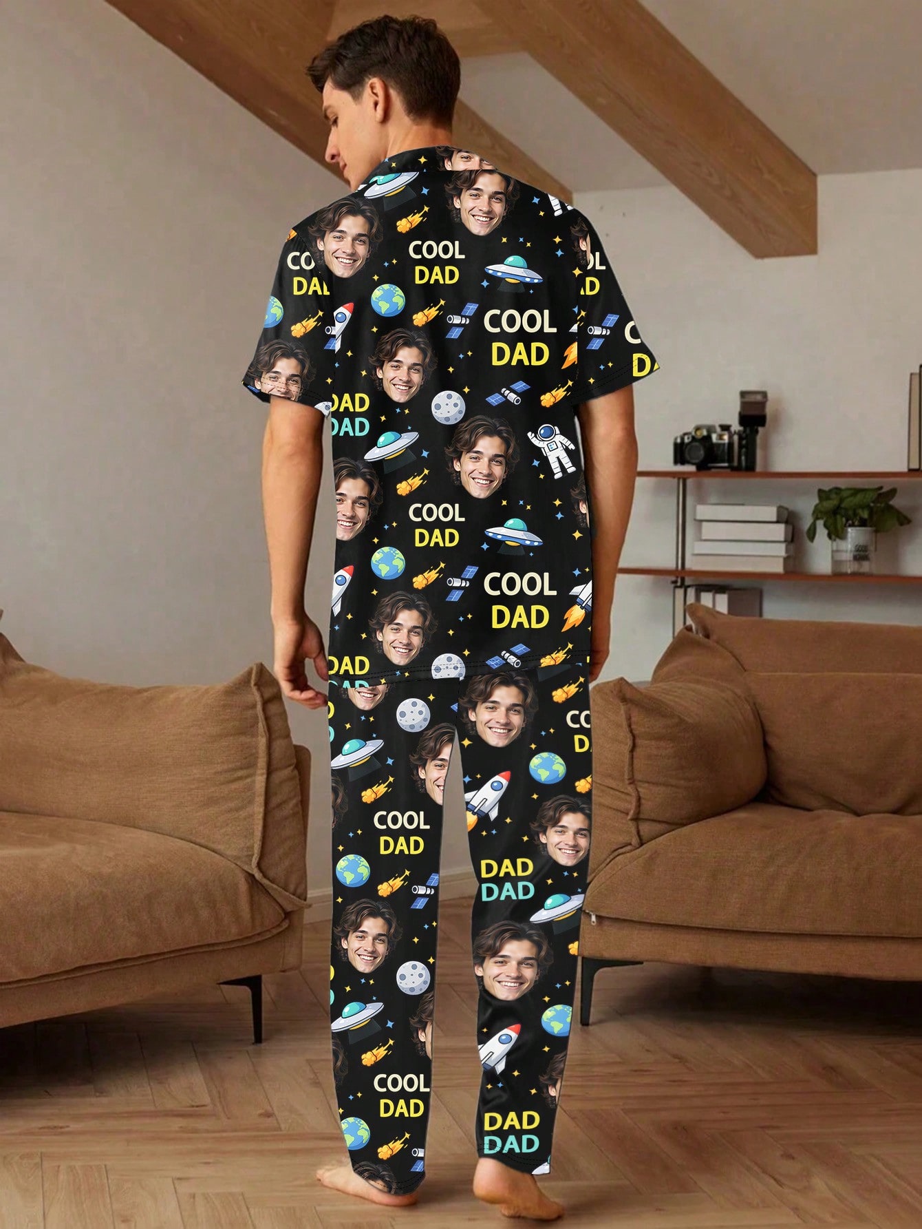 Men's personalized custom pajama sets, short-sleeved T-shirts and long pants sets with customizable faces, featuring fun cosmic patterns, comfortable and casual home wear,  gift options