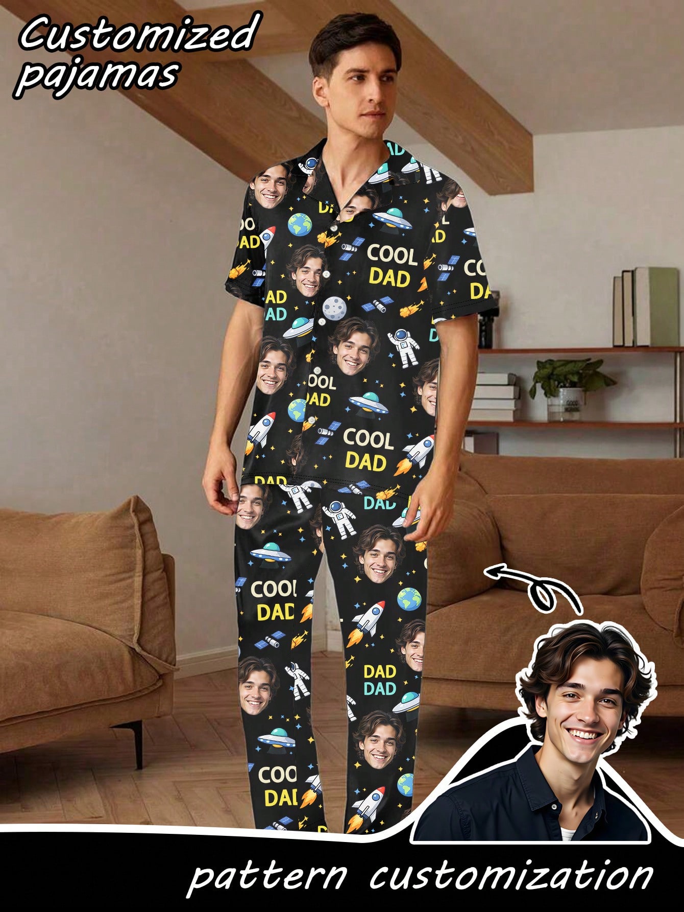 Men's personalized custom pajama sets, short-sleeved T-shirts and long pants sets with customizable faces, featuring fun cosmic patterns, comfortable and casual home wear,  gift options