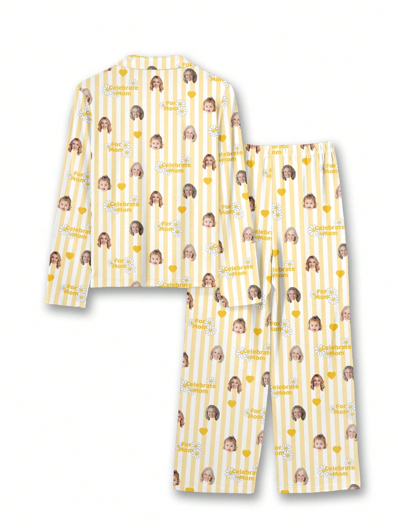 Personalized women's pajama set with fun face and pet prints, comfortable loungewear for the holiday season, a perfect gift for friends.