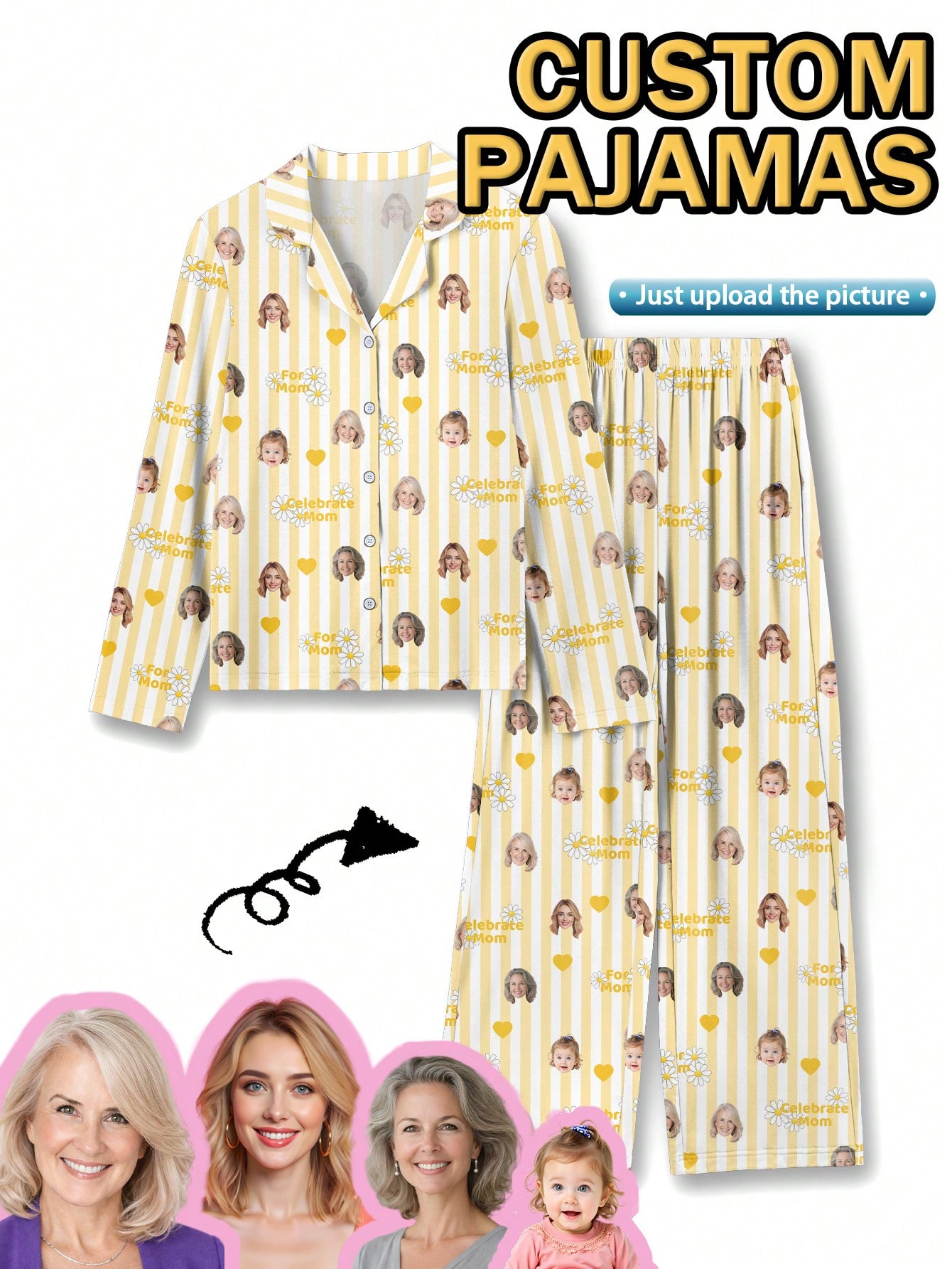 Personalized women's pajama set with fun face and pet prints, comfortable loungewear for the holiday season, a perfect gift for friends.