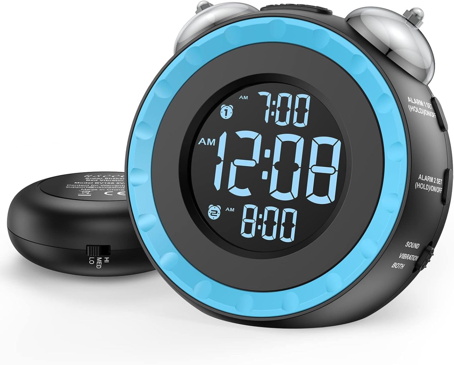 Loud Dual Alarm Clock with Bed Shaker - 0-100% Dimmer, Vibrating Alarm Clock for Heavy Sleepers or Hearing Impaired, Easy to Set, USB Charging Port, Snooze, Battery Backup
