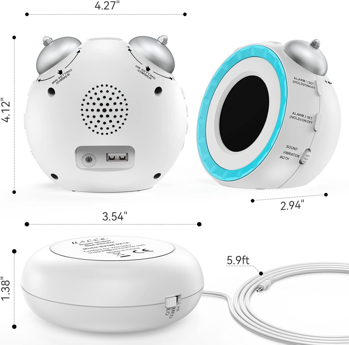 Loud Dual Alarm Clock with Bed Shaker - 0-100% Dimmer, Vibrating Alarm Clock for Heavy Sleepers or Hearing Impaired, Easy to Set, USB Charging Port, Snooze, Battery Backup