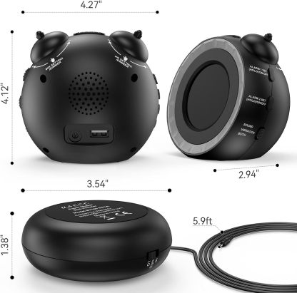 Loud Dual Alarm Clock with Bed Shaker - 0-100% Dimmer, Vibrating Alarm Clock for Heavy Sleepers or Hearing Impaired, Easy to Set, USB Charging Port, Snooze, Battery Backup