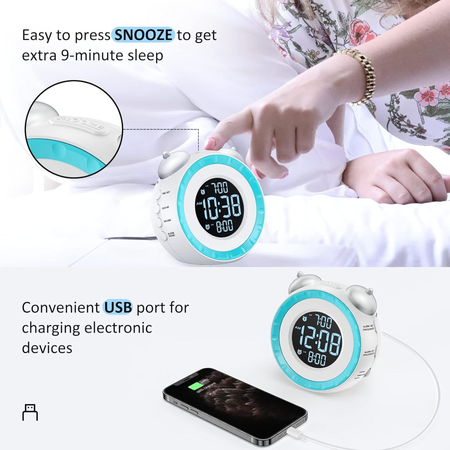 Loud Dual Alarm Clock with Bed Shaker - 0-100% Dimmer, Vibrating Alarm Clock for Heavy Sleepers or Hearing Impaired, Easy to Set, USB Charging Port, Snooze, Battery Backup