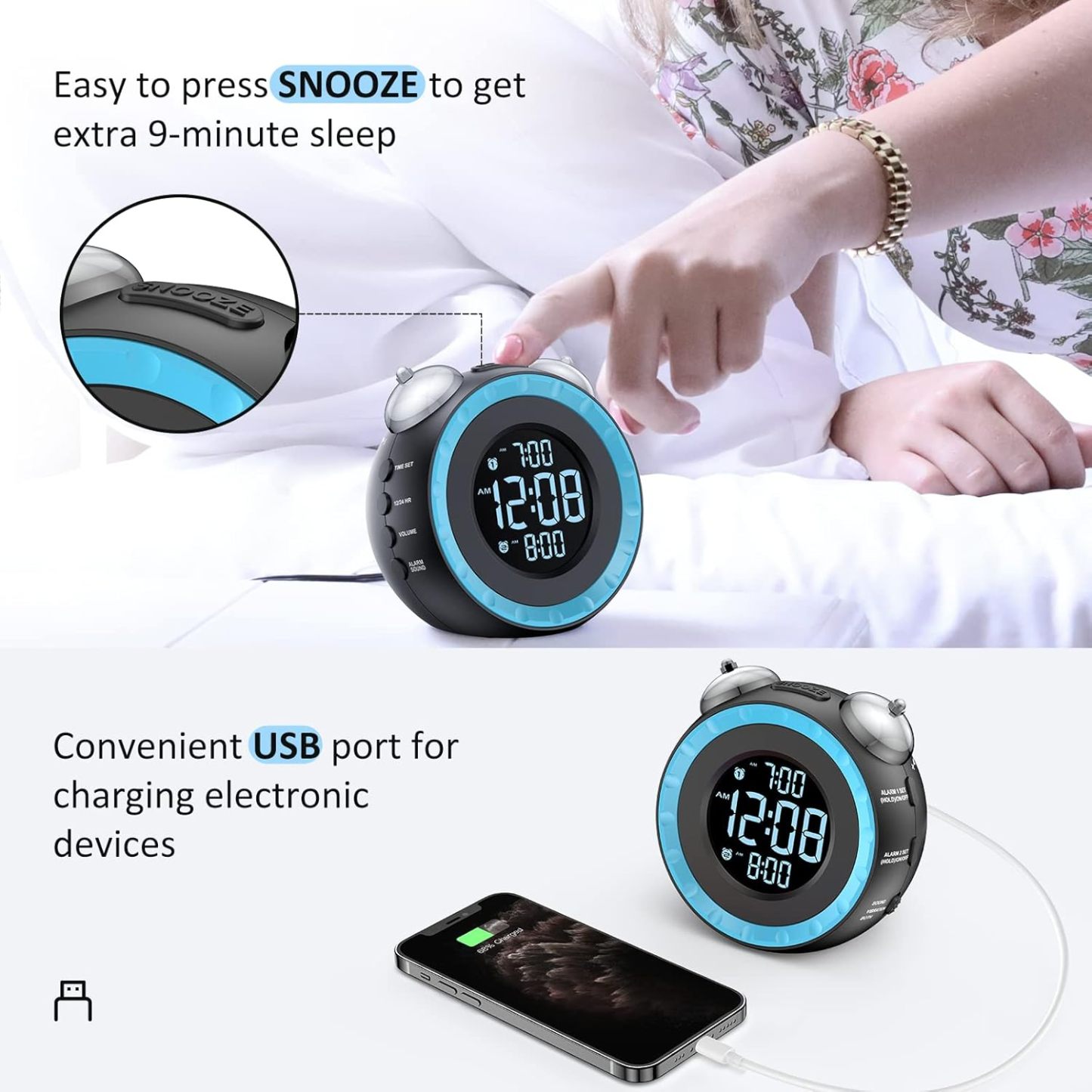 Loud Dual Alarm Clock with Bed Shaker - 0-100% Dimmer, Vibrating Alarm Clock for Heavy Sleepers or Hearing Impaired, Easy to Set, USB Charging Port, Snooze, Battery Backup
