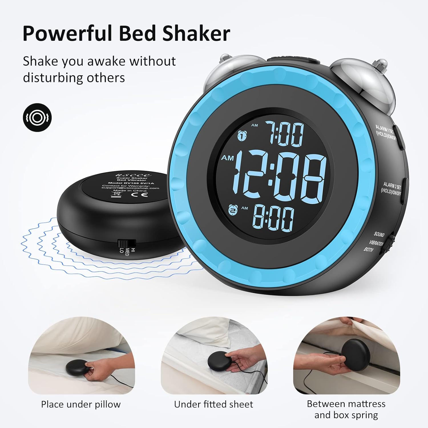 Loud Dual Alarm Clock with Bed Shaker - 0-100% Dimmer, Vibrating Alarm Clock for Heavy Sleepers or Hearing Impaired, Easy to Set, USB Charging Port, Snooze, Battery Backup