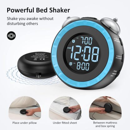 Loud Dual Alarm Clock with Bed Shaker - 0-100% Dimmer, Vibrating Alarm Clock for Heavy Sleepers or Hearing Impaired, Easy to Set, USB Charging Port, Snooze, Battery Backup