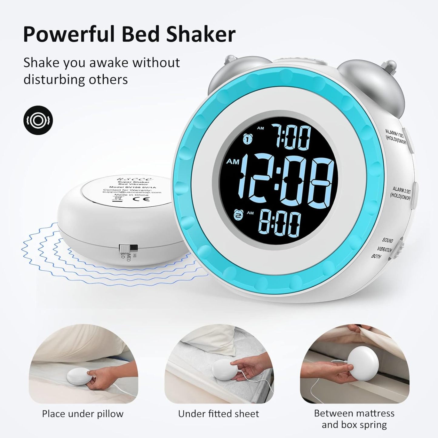 Loud Dual Alarm Clock with Bed Shaker - 0-100% Dimmer, Vibrating Alarm Clock for Heavy Sleepers or Hearing Impaired, Easy to Set, USB Charging Port, Snooze, Battery Backup
