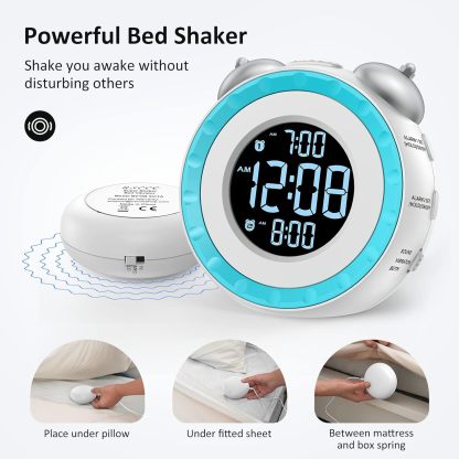Loud Dual Alarm Clock with Bed Shaker - 0-100% Dimmer, Vibrating Alarm Clock for Heavy Sleepers or Hearing Impaired, Easy to Set, USB Charging Port, Snooze, Battery Backup