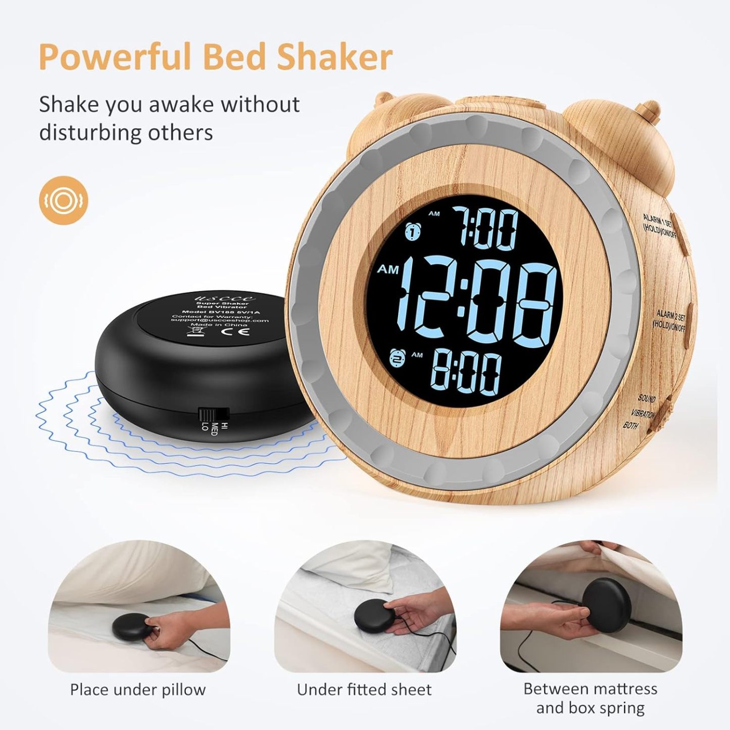 Loud Dual Alarm Clock with Bed Shaker - 0-100% Dimmer, Vibrating Alarm Clock for Heavy Sleepers or Hearing Impaired, Easy to Set, USB Charging Port, Snooze, Battery Backup