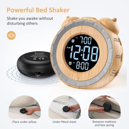 Loud Dual Alarm Clock with Bed Shaker - 0-100% Dimmer, Vibrating Alarm Clock for Heavy Sleepers or Hearing Impaired, Easy to Set, USB Charging Port, Snooze, Battery Backup