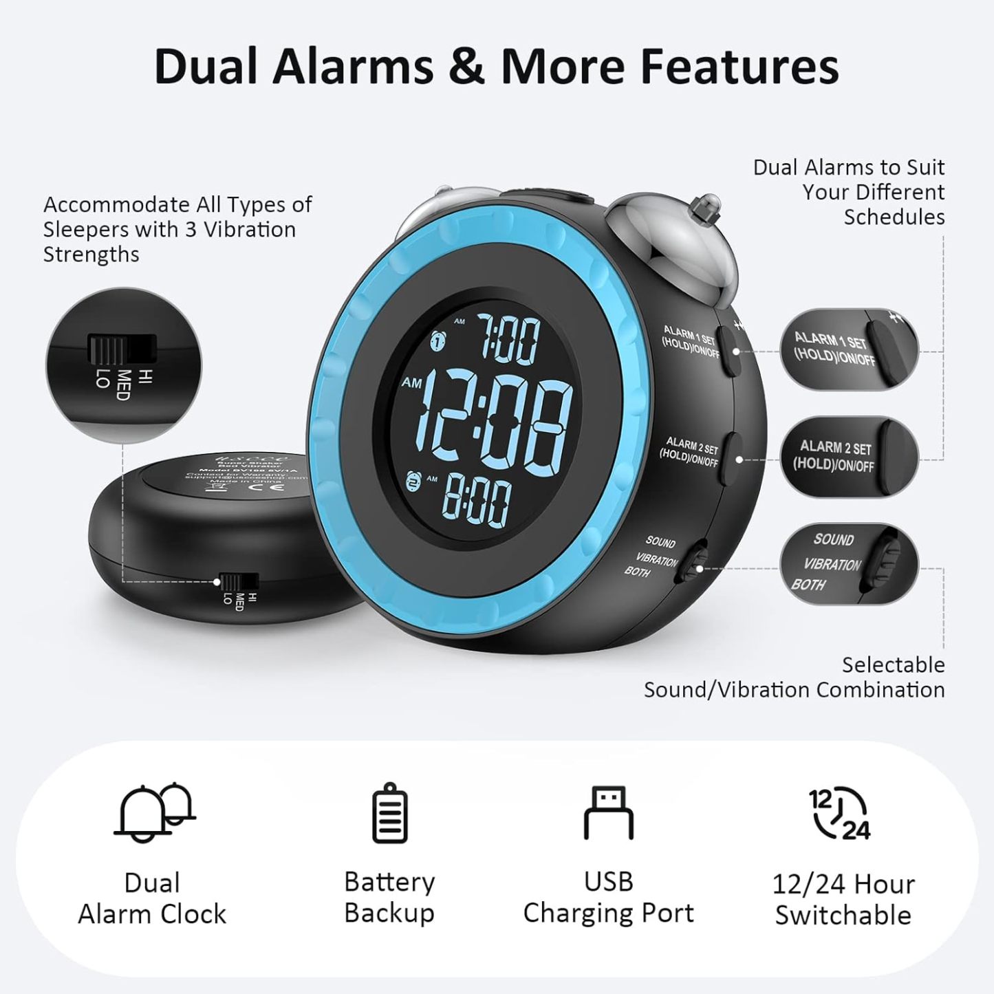 Loud Dual Alarm Clock with Bed Shaker - 0-100% Dimmer, Vibrating Alarm Clock for Heavy Sleepers or Hearing Impaired, Easy to Set, USB Charging Port, Snooze, Battery Backup