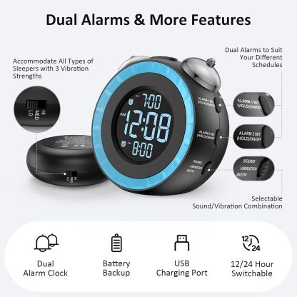 Loud Dual Alarm Clock with Bed Shaker - 0-100% Dimmer, Vibrating Alarm Clock for Heavy Sleepers or Hearing Impaired, Easy to Set, USB Charging Port, Snooze, Battery Backup