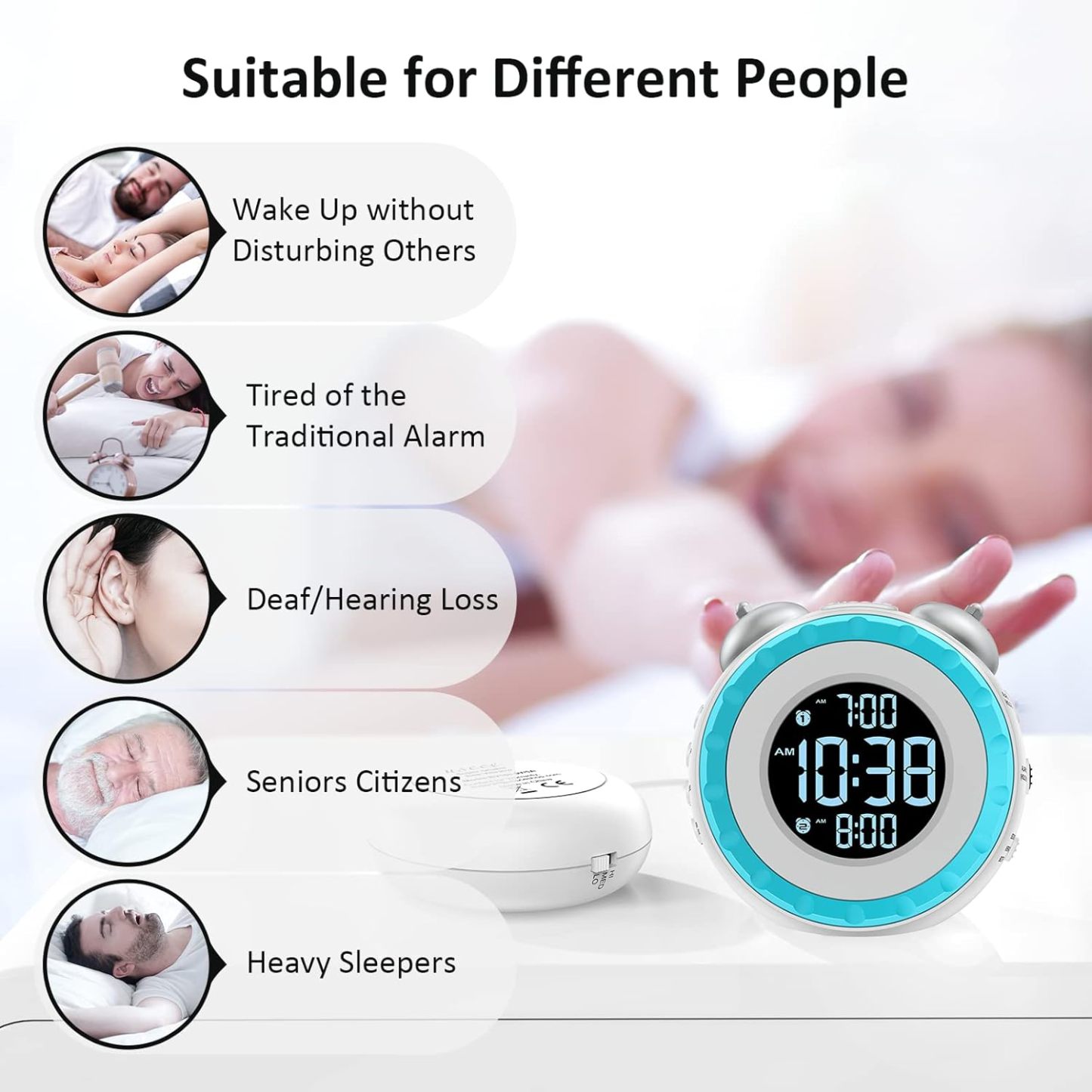 Loud Dual Alarm Clock with Bed Shaker - 0-100% Dimmer, Vibrating Alarm Clock for Heavy Sleepers or Hearing Impaired, Easy to Set, USB Charging Port, Snooze, Battery Backup