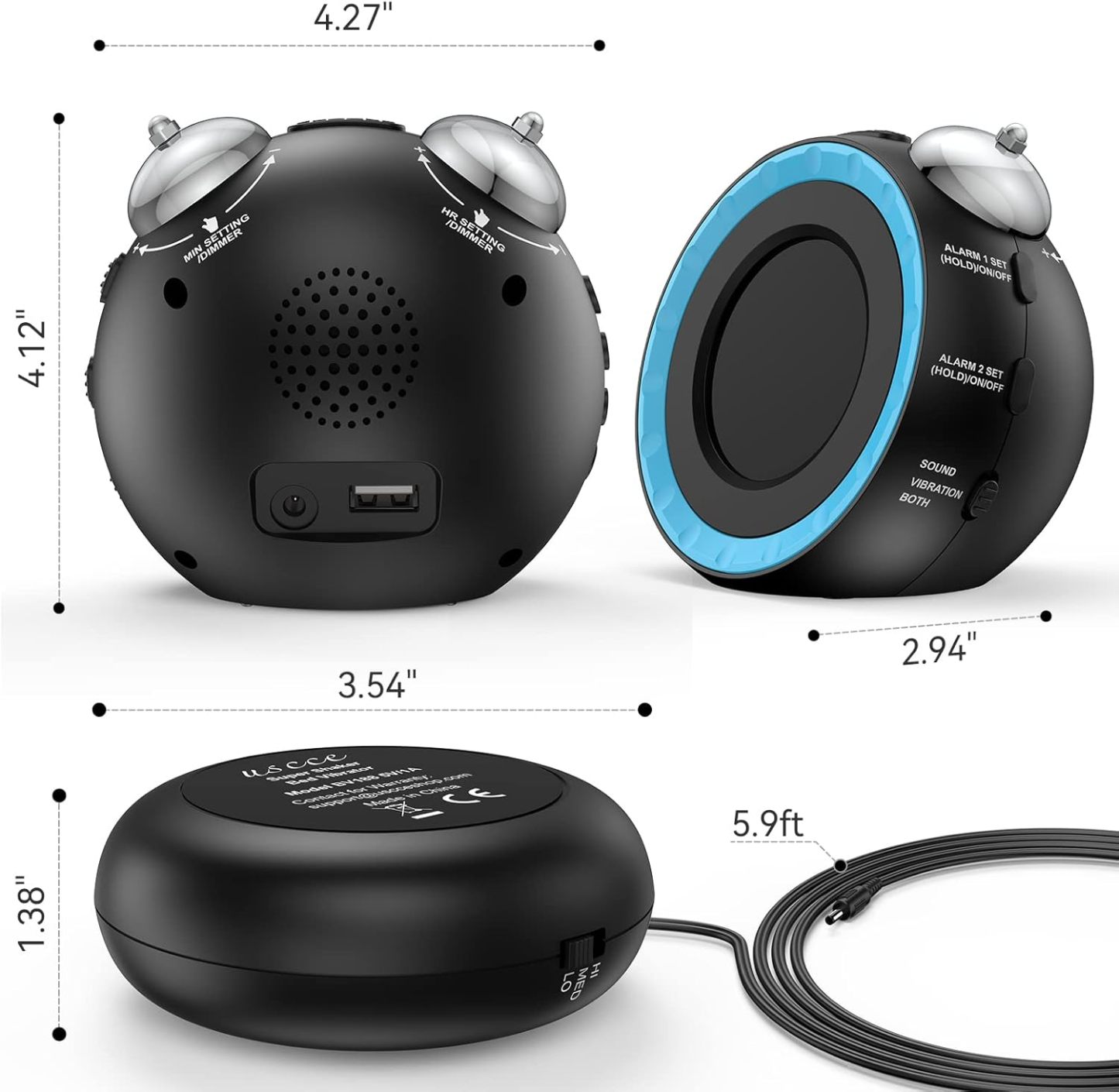 Loud Dual Alarm Clock with Bed Shaker - 0-100% Dimmer, Vibrating Alarm Clock for Heavy Sleepers or Hearing Impaired, Easy to Set, USB Charging Port, Snooze, Battery Backup
